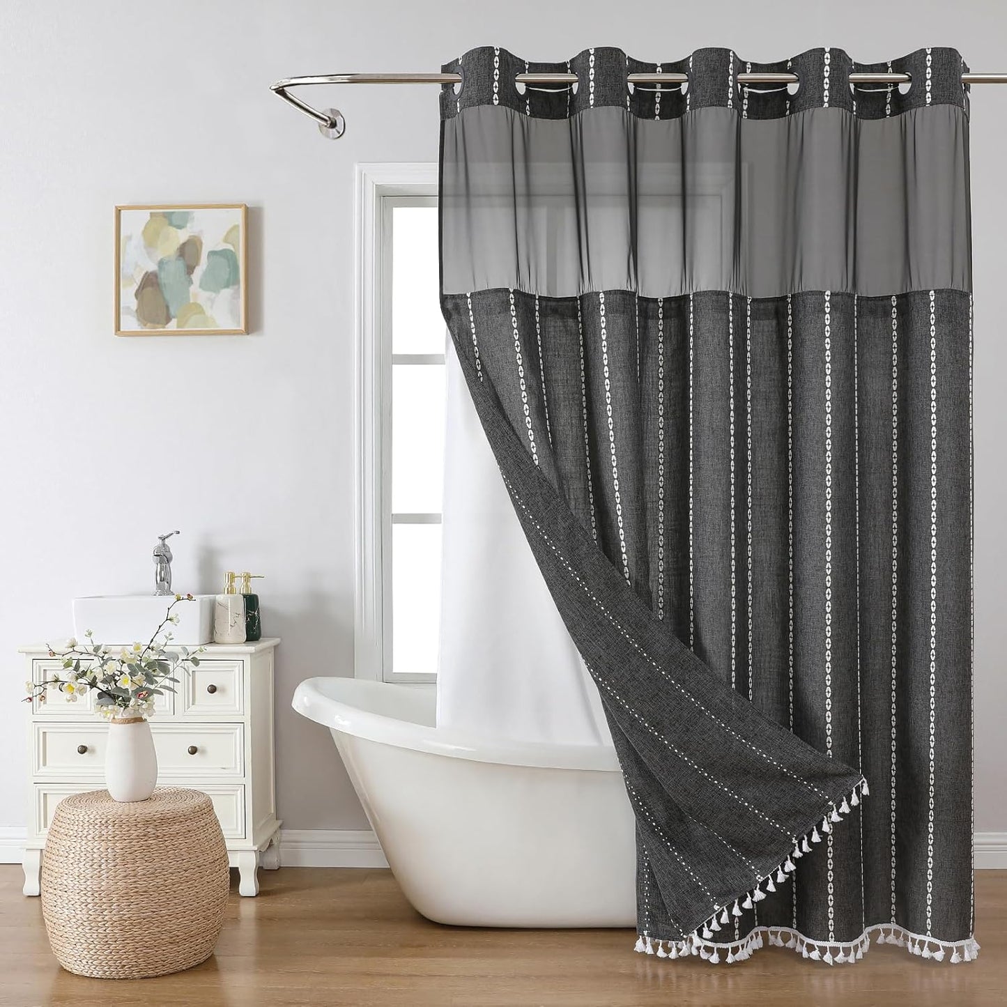 Boho Farmhouse No Hook Shower Curtain Set with Snap-in Fabric Liner,Heavy-Duty Linen Textured Rustic Striped Design,Water-Repellent with Tassels and Sheer Window,Cream/Beige,71x74