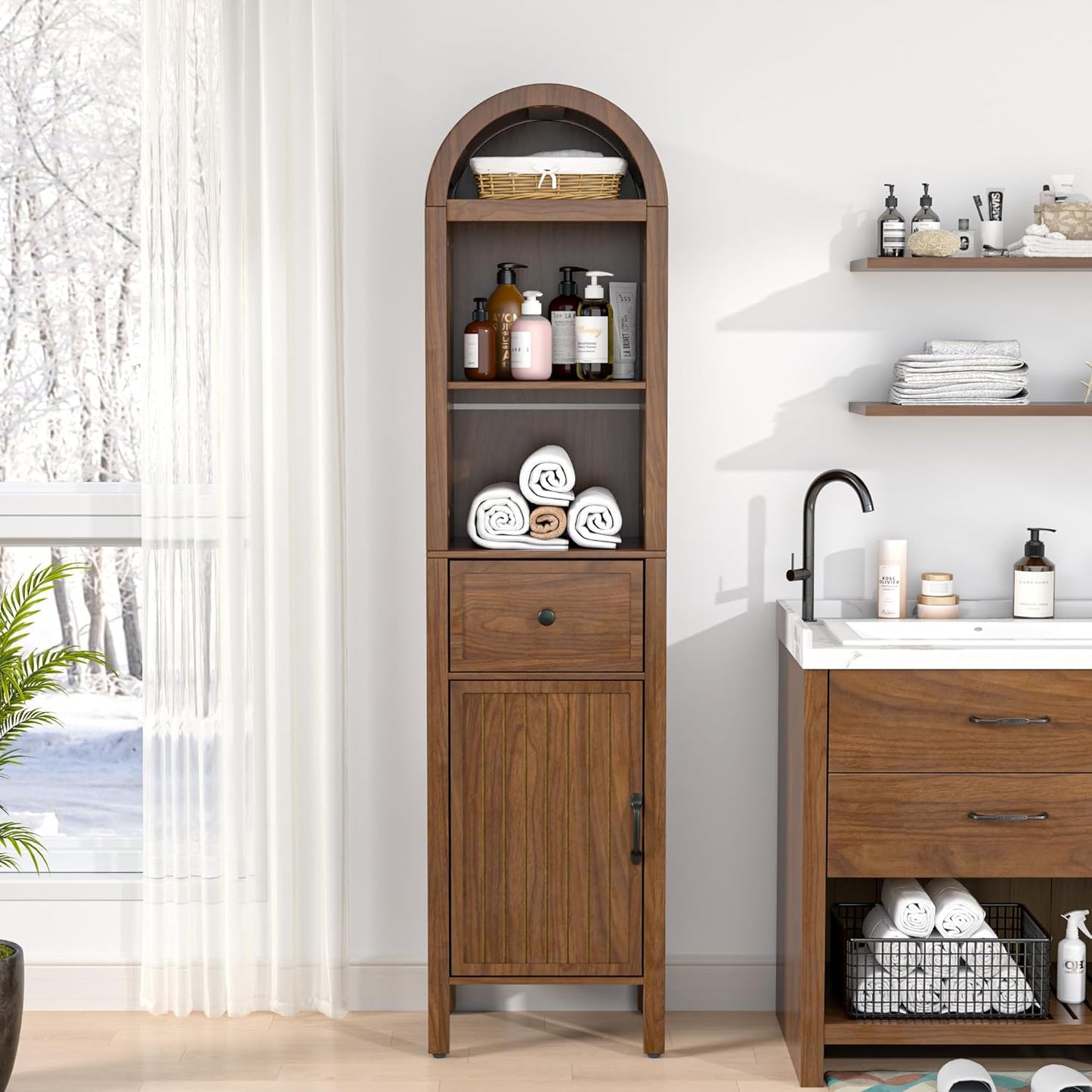 64" Tall Bathroom Storage Cabinet with Adjustable Shelves,Tall Narrow Arched Freestanding Tower Cabinet with Fluted Doors and Drawers,Space Saving Organizer for Bathroom Living Room (Walnut)