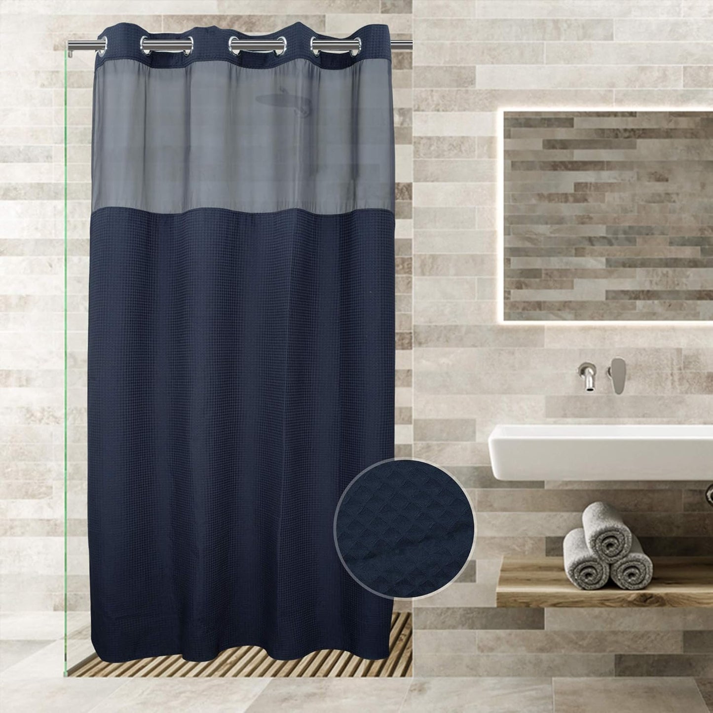 River Dream White Fabric Shower Curtain Set, Cotton Blend, Waffle Weave, with Snap in Replacement Liner,71 x 74 inches