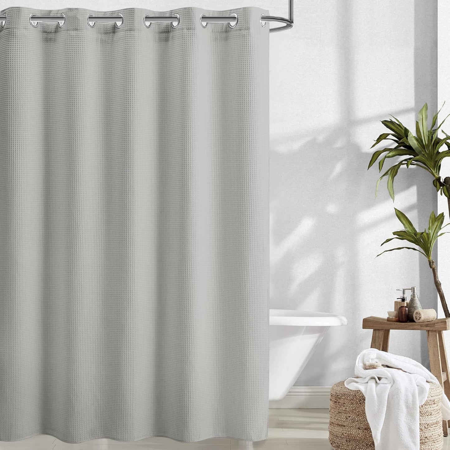 River Dream White Waffle Weave Shower Curtain with Snap-in Liner,Cotton Blend Fabric Heavy Duty,No Hooks Needed Shower Curtain for Bathroom,Hotel Quality Shower Curtain Set,71 x 74 inches