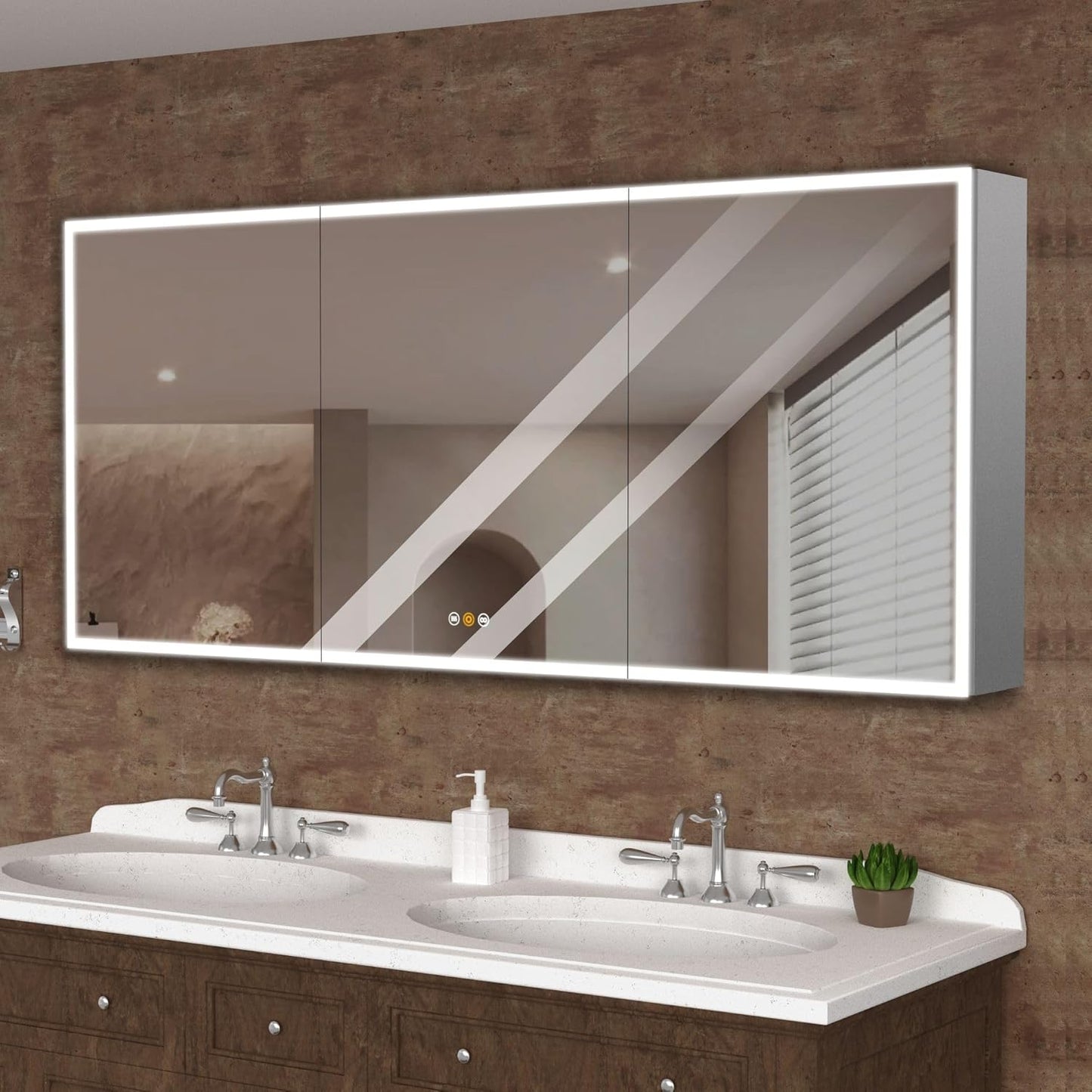 Recessed Medicine Cabinet with Mirror, Medicine Cabinets for Bathroom, 60”W X 36”H, Defogger, Dimmer, Outlets & USB, Four Doors