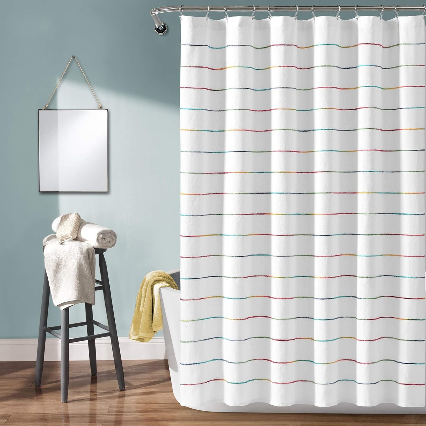 Lush Decor Ombre Stripe Yarn Dyed Cotton Shower Curtain, 72" W x 72" L, Navy & Multi - Fabric Shower Curtains - Striped Bathroom Curtain - Farmhouse & Coastal Decor
