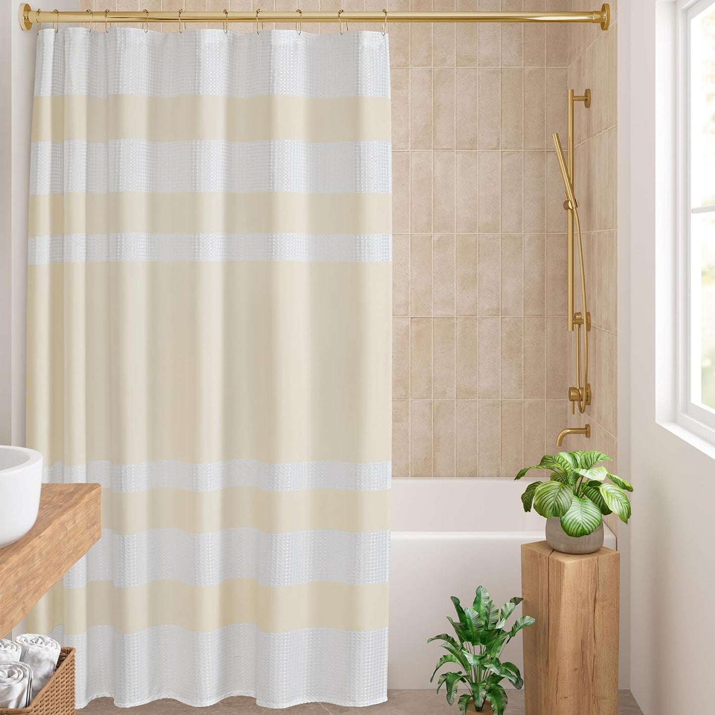 Madison Park Shower Curtain Waffle Weave Striped Pieced Design Fabric Shower Curtains for Bathroom with 3M Scotchgard Moisture Management Premium Spa Quality Modern Standard 72"x72" Grey