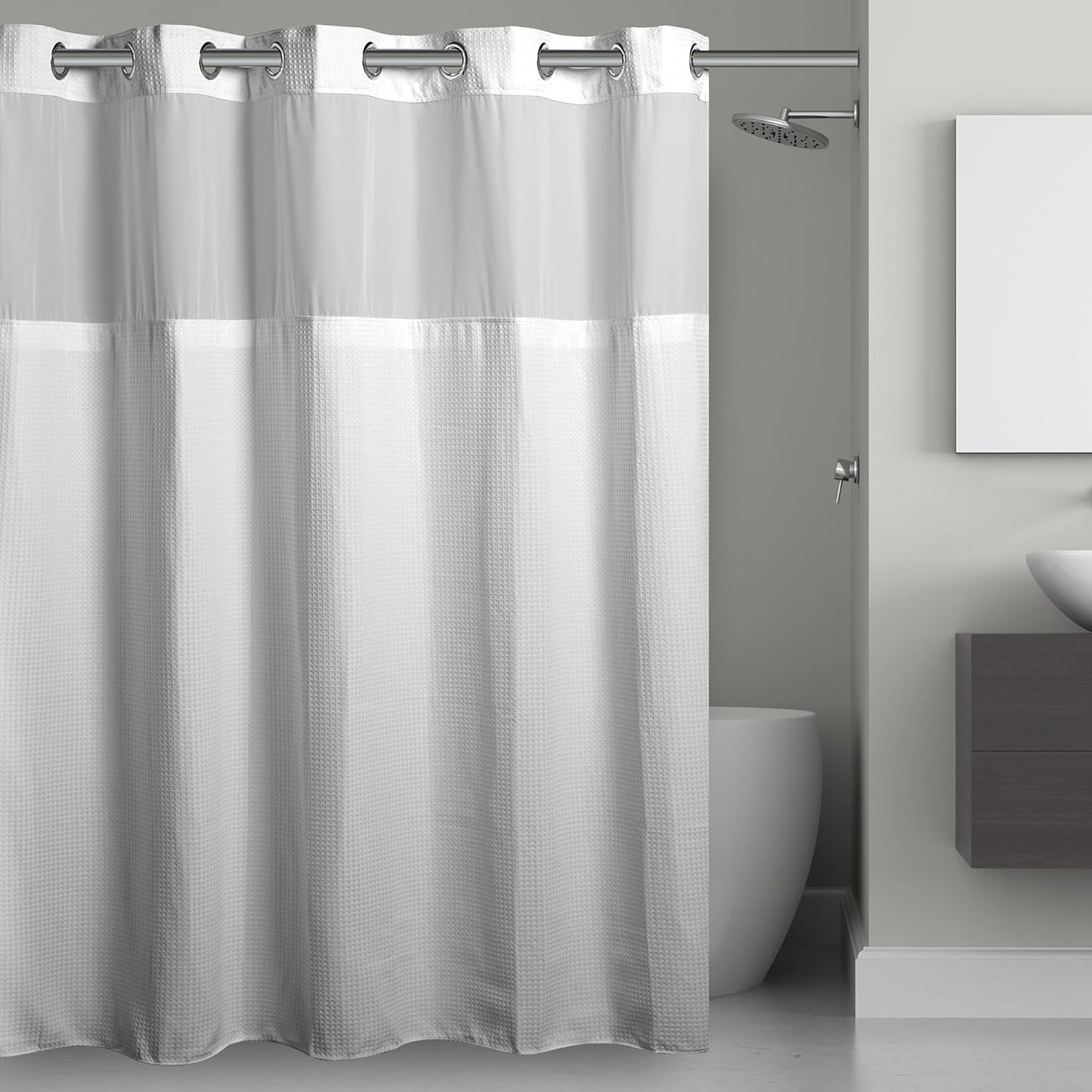 Hookless It’s A Snap! Waffle Shower Curtain, 3-in-1 Shower Curtain Includes Fabric Shower Curtain with Sheer Top Window, Flex-On Rings & Fabric Liner, 71” x 74”, Misty Blue