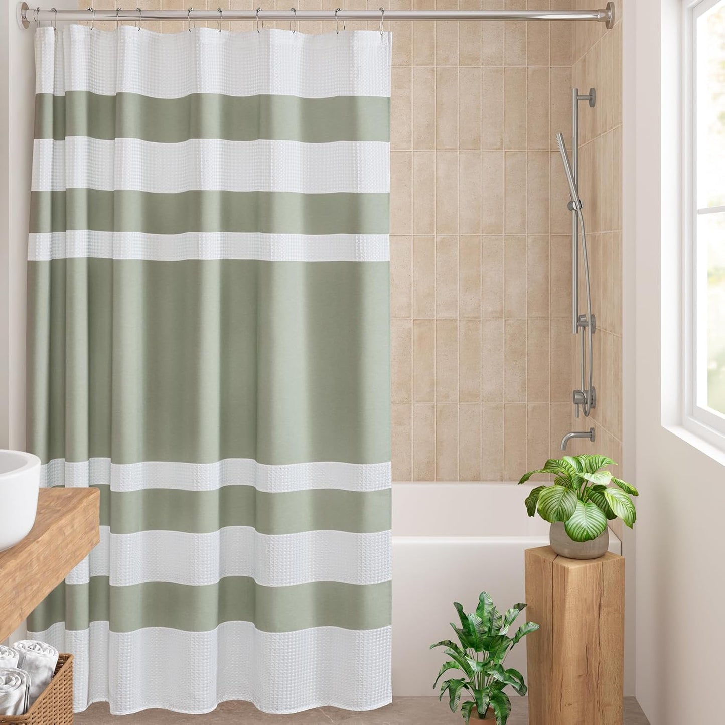 Madison Park Shower Curtain Waffle Weave Striped Pieced Design Fabric Shower Curtains for Bathroom with 3M Scotchgard Moisture Management Premium Spa Quality Modern Standard 72"x72" Grey