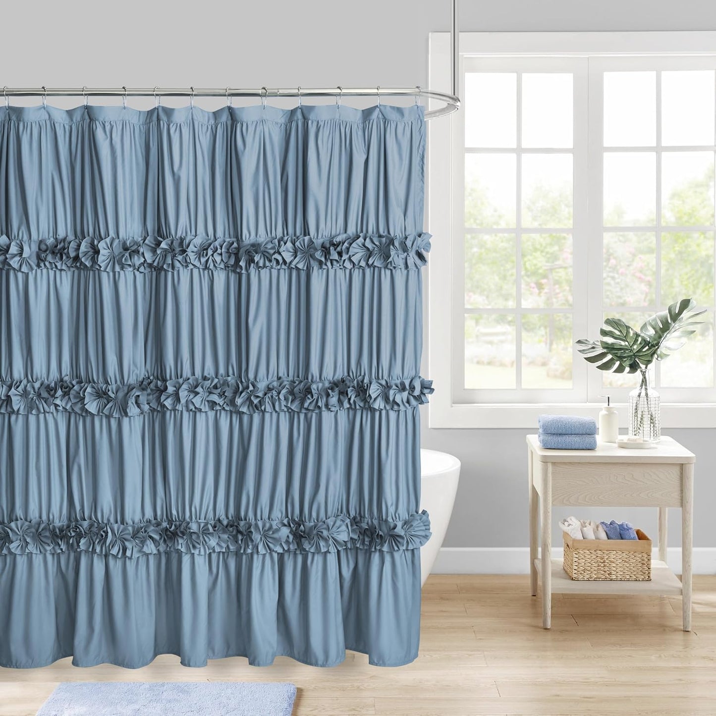 Victorian Ruffle Shower Curtain, Vintage Handcrafted Bow Tie Bath Curtain for Master Bathroom, Ruched Microfiber Bathroom Curtain with 12 Buttonholes, 72" W x 84" H, White (LQ-10)