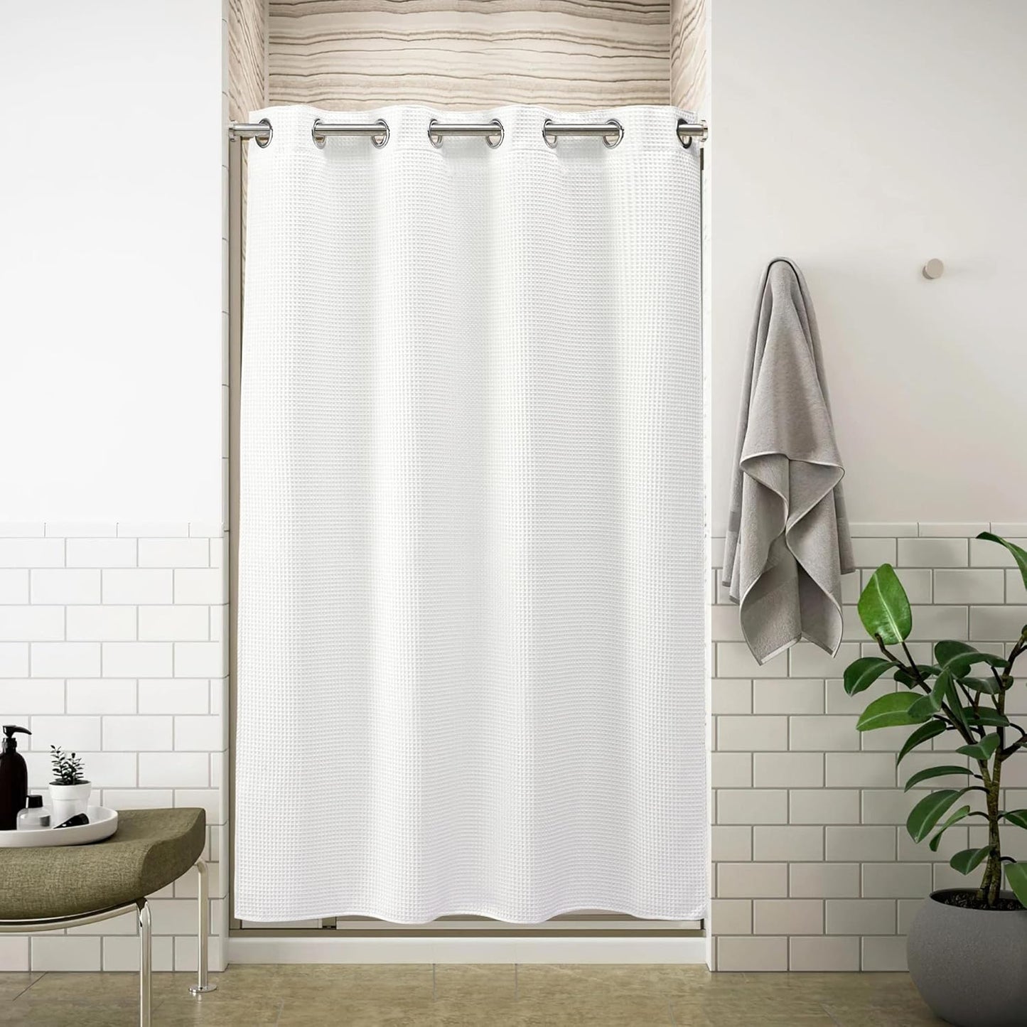 River Dream White Waffle Weave Shower Curtain with Snap-in Liner,Cotton Blend Fabric Heavy Duty,No Hooks Needed Shower Curtain for Bathroom,Hotel Quality Shower Curtain Set,71 x 74 inches