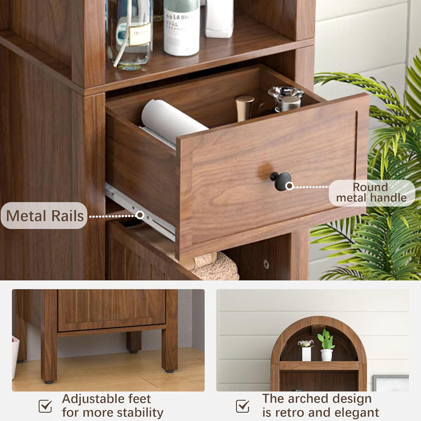 64" Tall Bathroom Storage Cabinet with Adjustable Shelves,Tall Narrow Arched Freestanding Tower Cabinet with Fluted Doors and Drawers,Space Saving Organizer for Bathroom Living Room (Walnut)