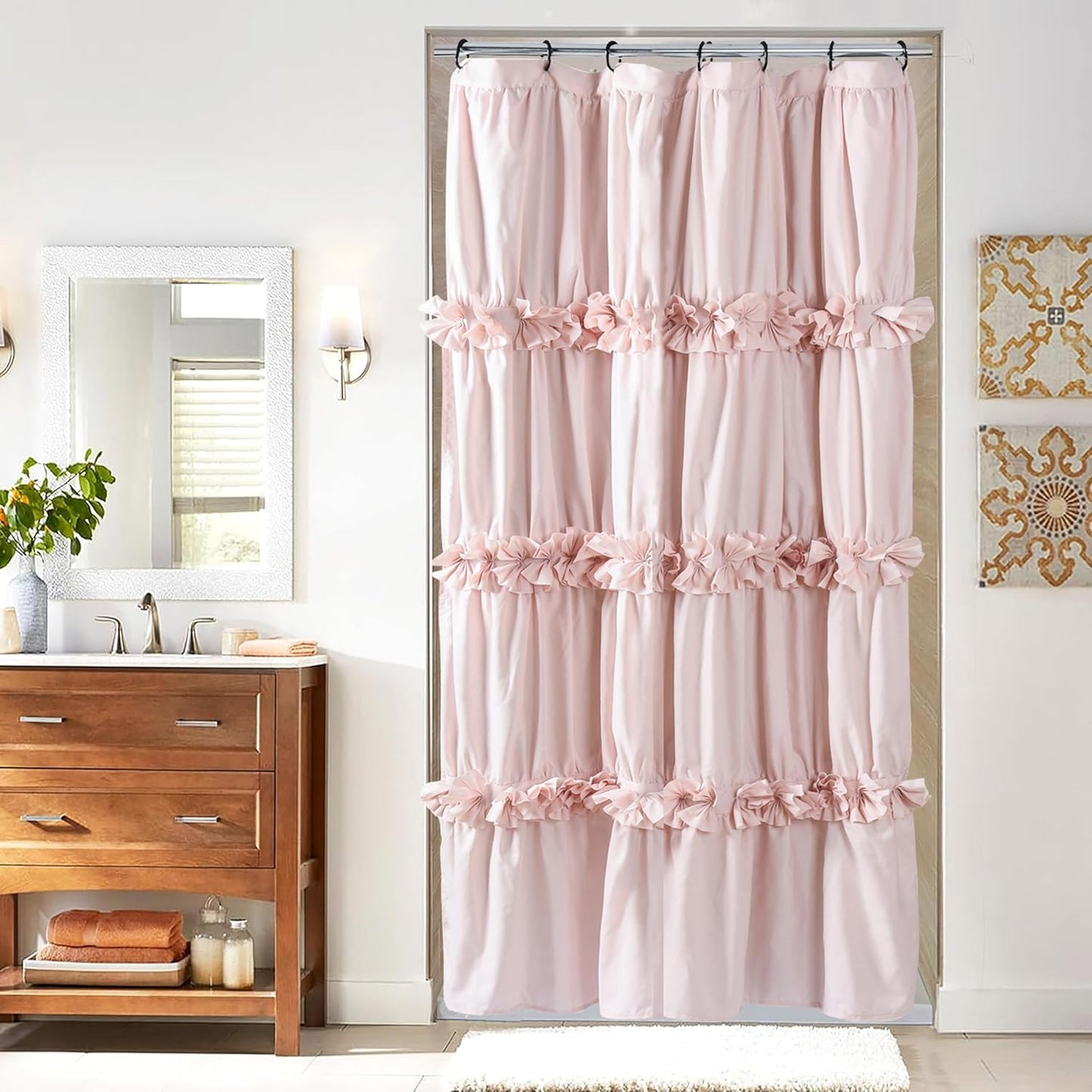 Victorian Ruffle Shower Curtain, Vintage Handcrafted Bow Tie Bath Curtain for Master Bathroom, Ruched Microfiber Bathroom Curtain with 12 Buttonholes, 72" W x 84" H, White (LQ-10)
