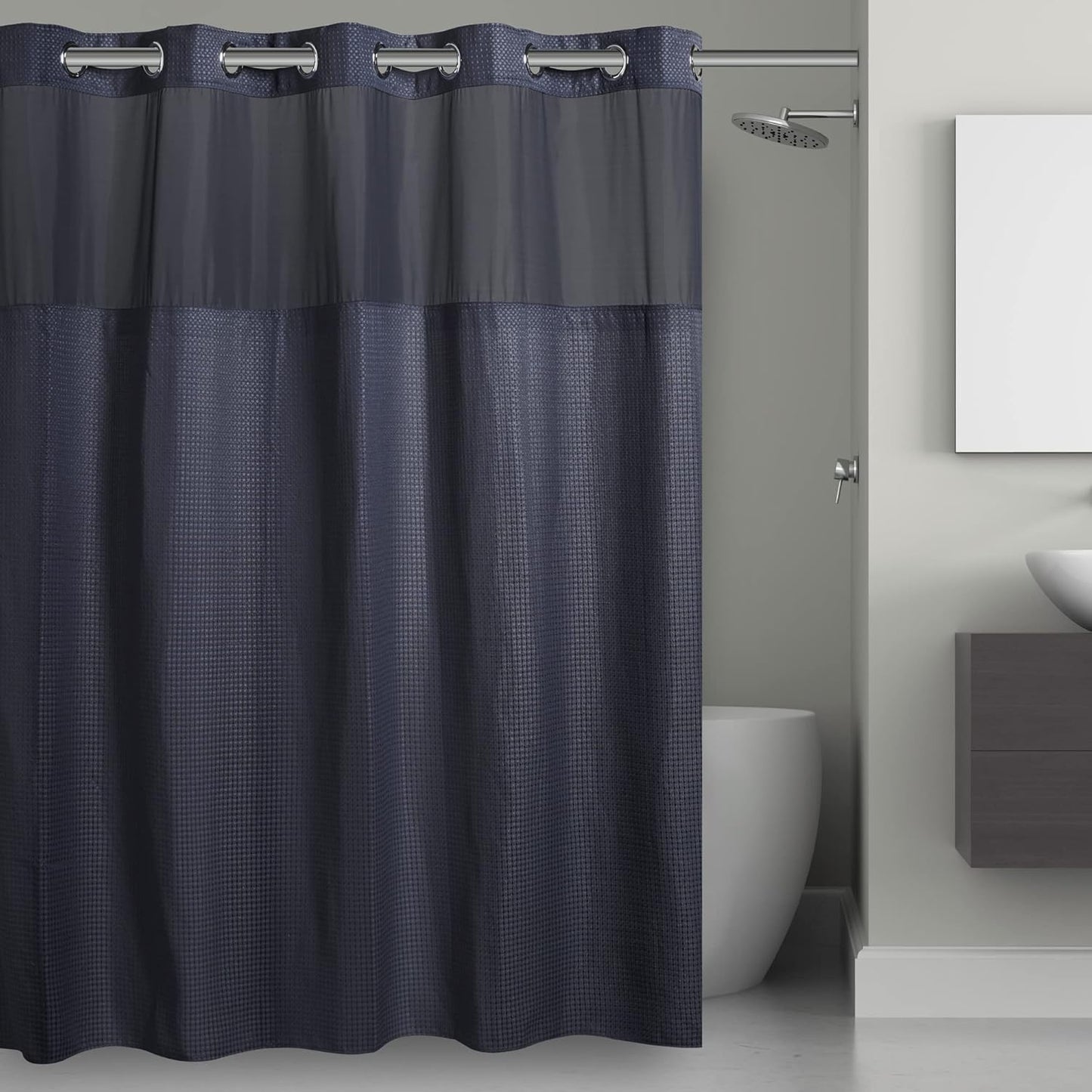 Hookless It’s A Snap! Waffle Shower Curtain, 3-in-1 Shower Curtain Includes Fabric Shower Curtain with Sheer Top Window, Flex-On Rings & Fabric Liner, 71” x 74”, Misty Blue
