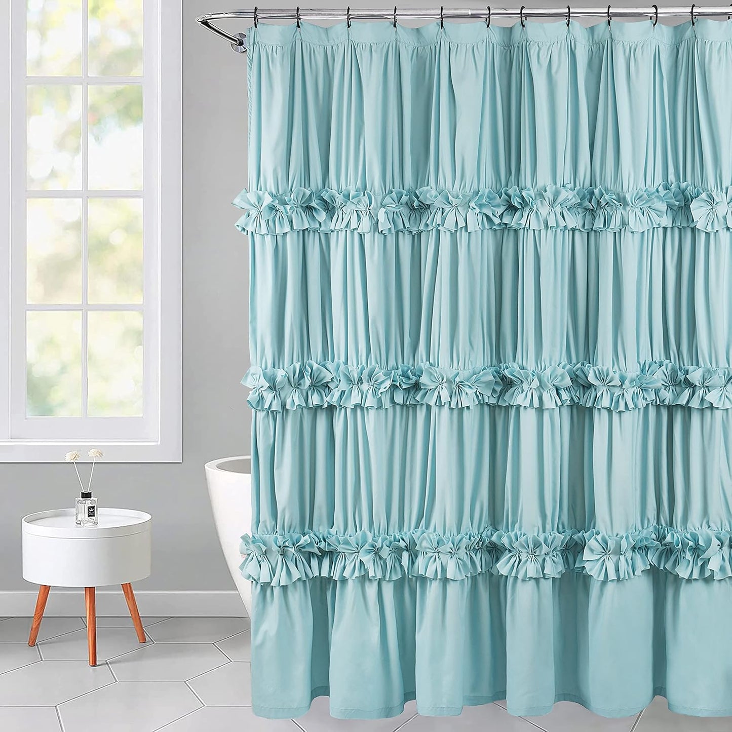 Victorian Ruffle Shower Curtain, Vintage Handcrafted Bow Tie Bath Curtain for Master Bathroom, Ruched Microfiber Bathroom Curtain with 12 Buttonholes, 72" W x 84" H, White (LQ-10)