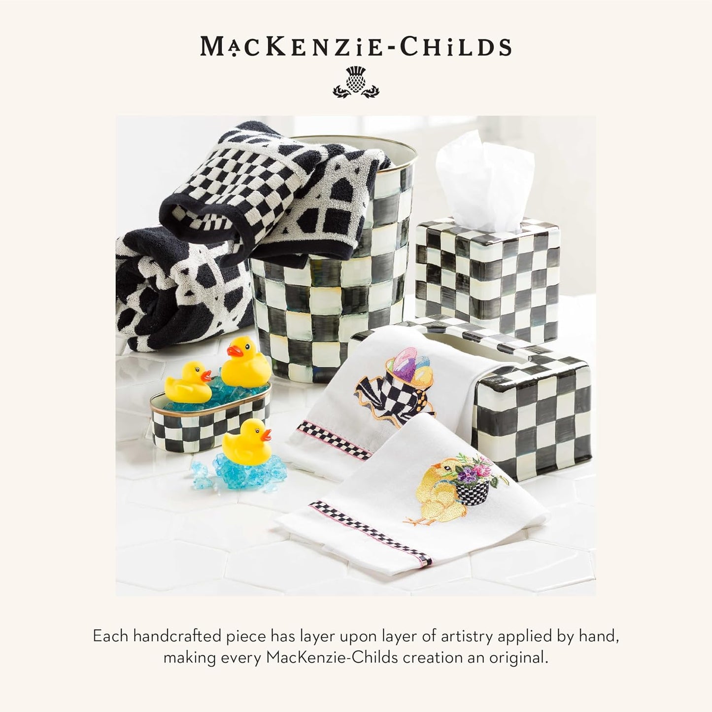 MACKENZIE-CHILDS Fabric Shower Curtain, Decorative Bathroom Shower Curtain with Eyelet Hang Holes, 72 Inches by 72 Inches, Black-and-White Courtly Check