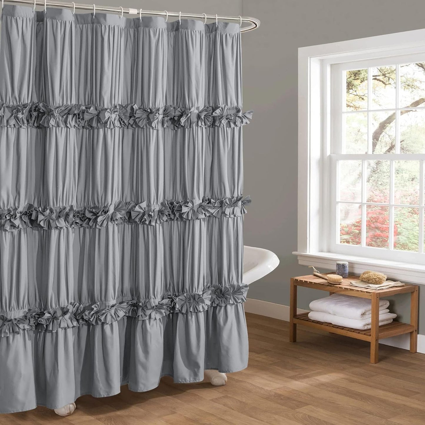 Victorian Ruffle Shower Curtain, Vintage Handcrafted Bow Tie Bath Curtain for Master Bathroom, Ruched Microfiber Bathroom Curtain with 12 Buttonholes, 72" W x 84" H, White (LQ-10)