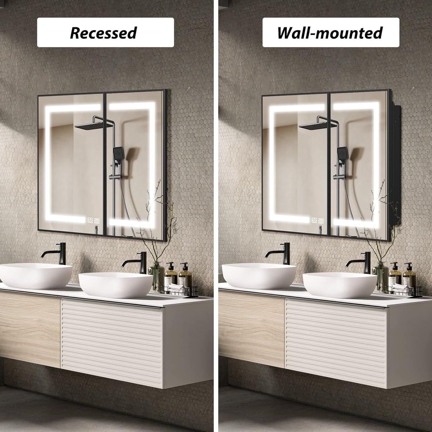 APRILSOUL 36X30 Inch Black Bathroom Medicine Cabinet with Mirror, Recessed or Surface Lighted Medicine Cabinet with 3 Colors Temperature, Dimmable Light