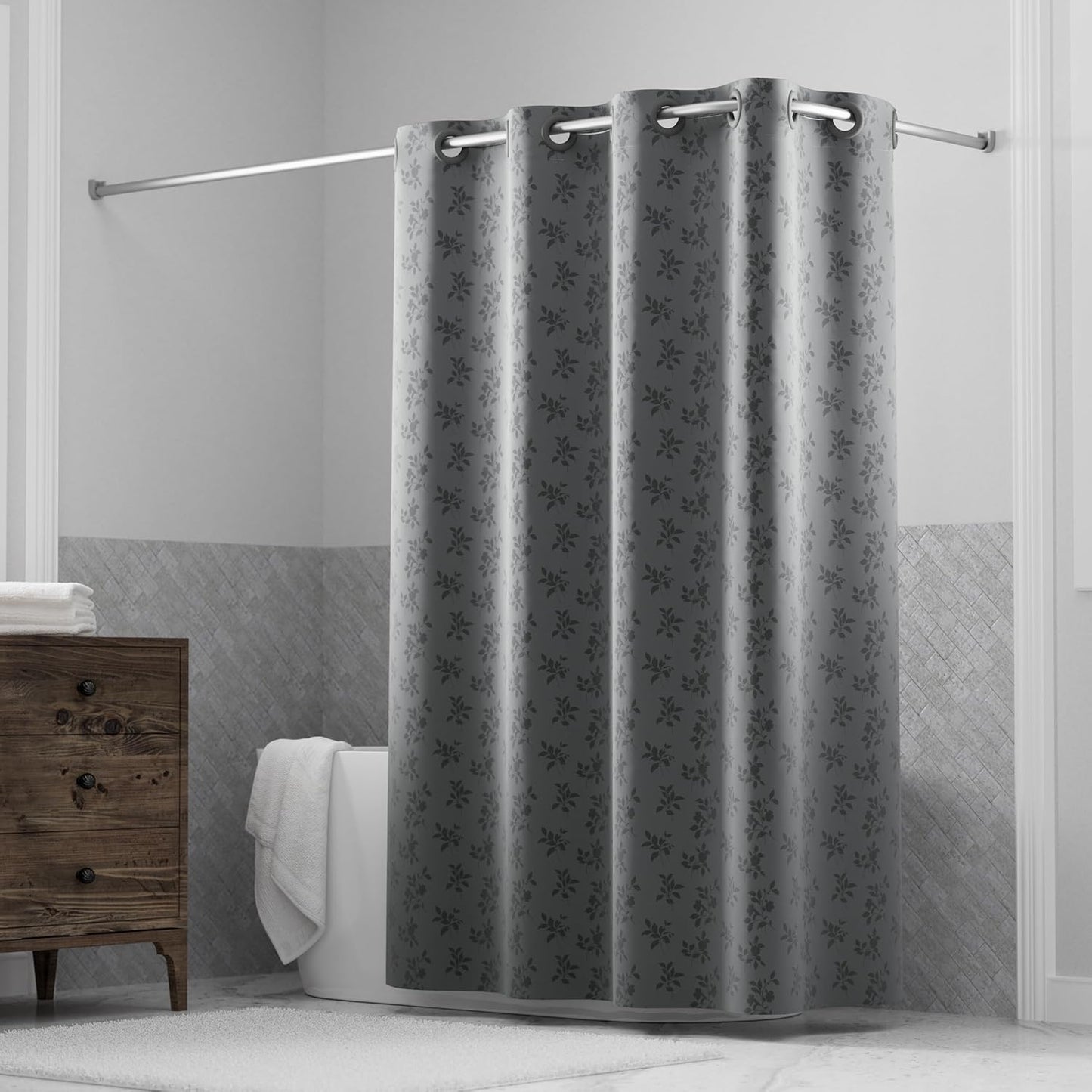 Hookless It's A Snap! Faux Silk Shower Curtain, 3-in-1 Curtain Includes Fabric Shower Curtain with Flex-On Rings & Fabric Liner with Magnets, 71" x 74", Geoometric Ombre Print, Blue