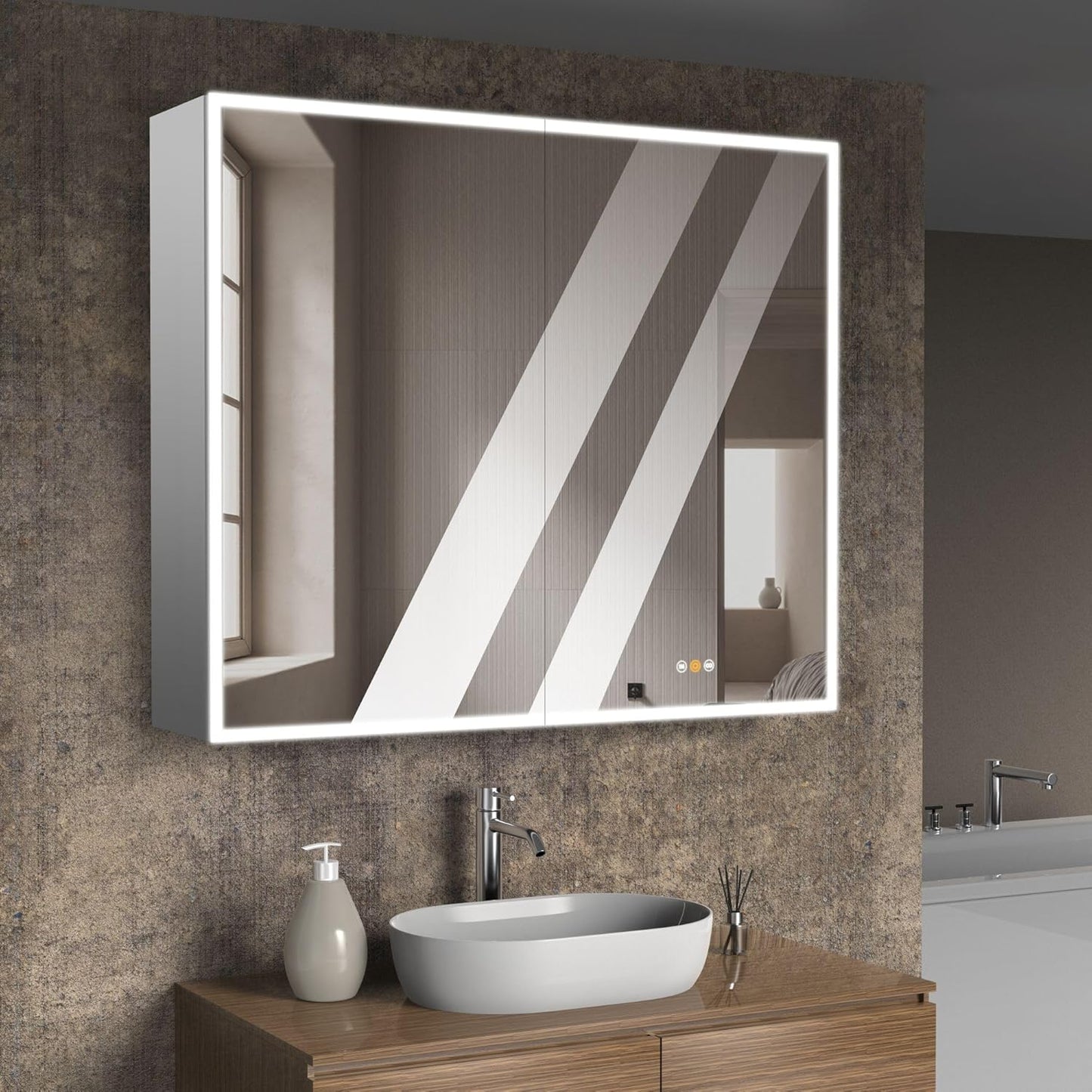 Recessed Medicine Cabinet with Mirror, Medicine Cabinets for Bathroom, 60”W X 36”H, Defogger, Dimmer, Outlets & USB, Four Doors
