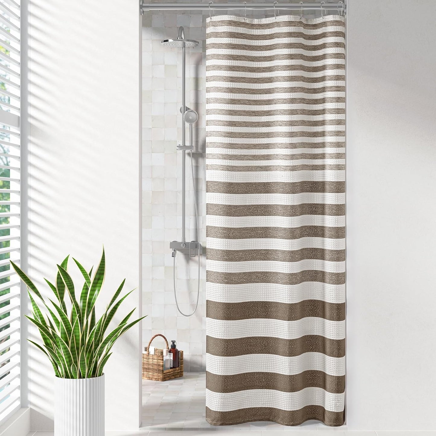 Madison Park Shower Curtain Waffle Weave Striped Pieced Design Fabric Shower Curtains for Bathroom with 3M Scotchgard Moisture Management Premium Spa Quality Modern Standard 72"x72" Grey