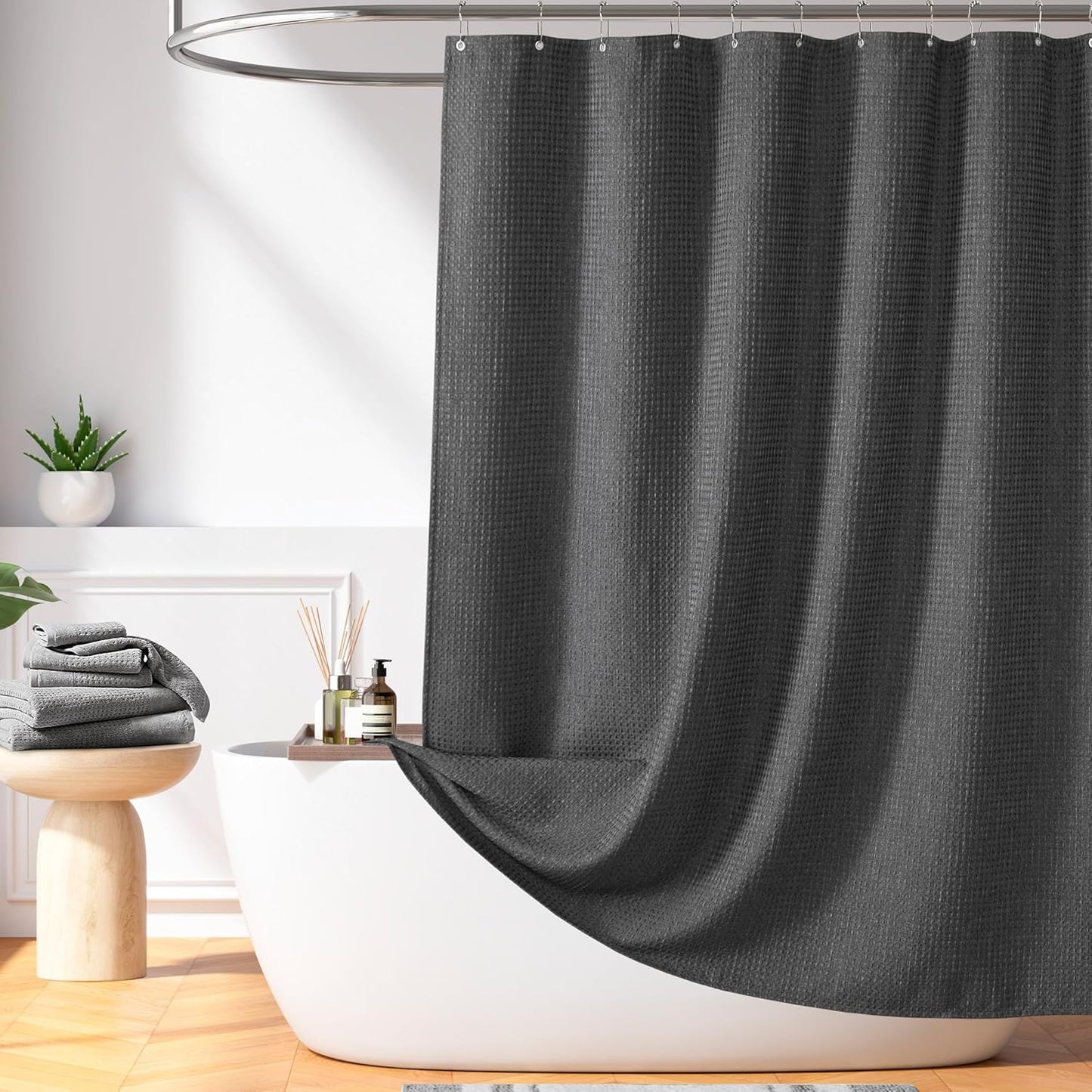 Madison Park Shower Curtain Waffle Weave Striped Pieced Design Fabric Shower Curtains for Bathroom with 3M Scotchgard Moisture Management Premium Spa Quality Modern Standard 72"x72" Grey
