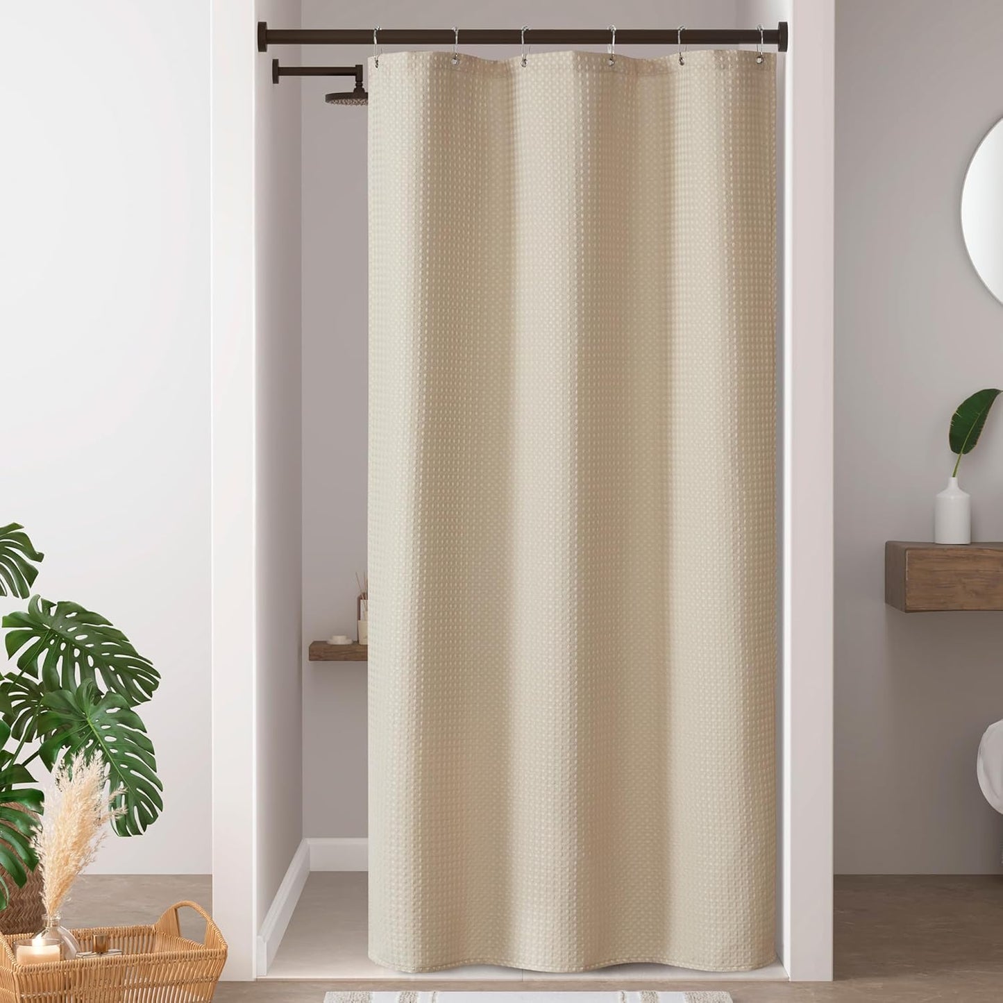 Madison Park Shower Curtain Waffle Weave Striped Pieced Design Fabric Shower Curtains for Bathroom with 3M Scotchgard Moisture Management Premium Spa Quality Modern Standard 72"x72" Grey