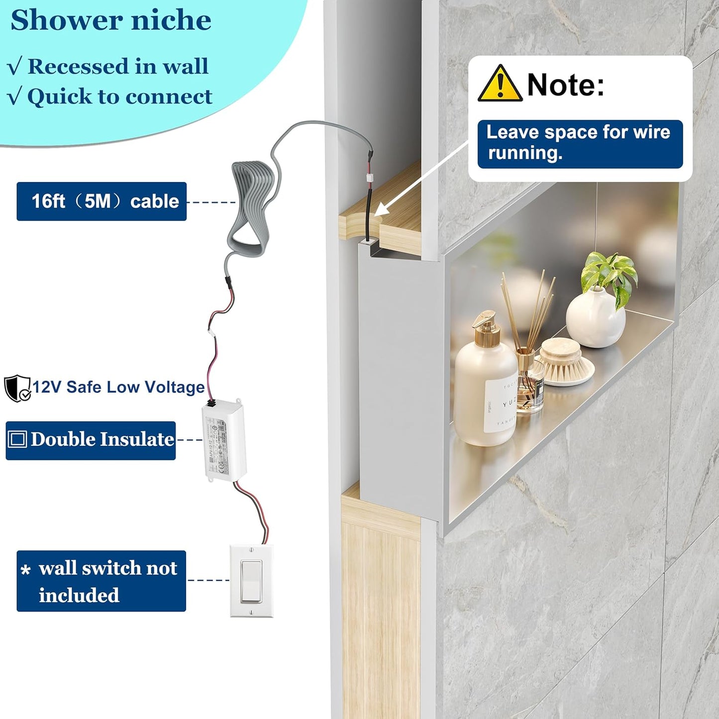 Neodrain Recessed LED Shower Niche, Brushed 30X12 in Waterproof Stainless Steel Wall Niche, 3000K LED Strip No Tile Needed Cabinet for Bathroom Storage
