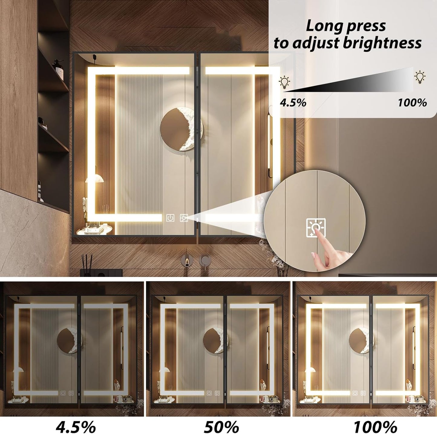 APRILSOUL 36X30 Inch Black Bathroom Medicine Cabinet with Mirror, Recessed or Surface Lighted Medicine Cabinet with 3 Colors Temperature, Dimmable Light