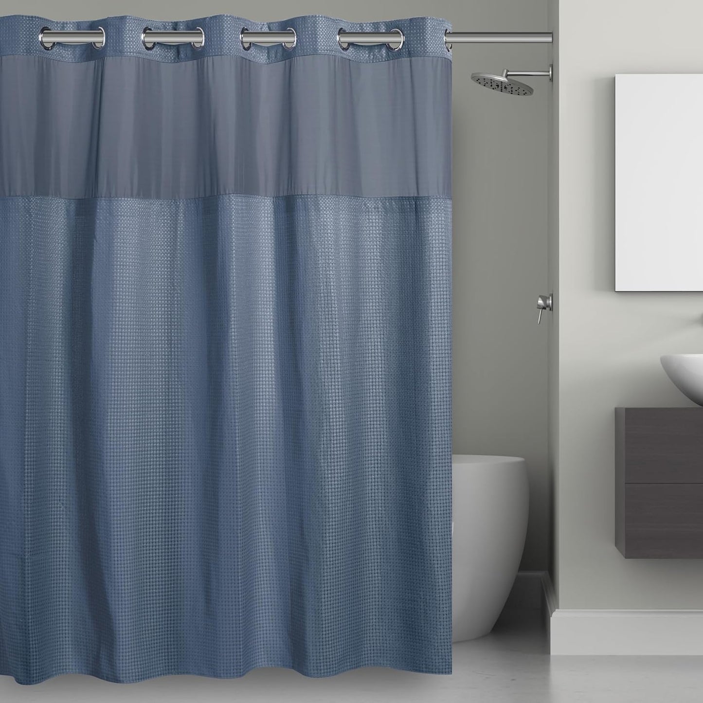 Hookless It’s A Snap! Waffle Shower Curtain, 3-in-1 Shower Curtain Includes Fabric Shower Curtain with Sheer Top Window, Flex-On Rings & Fabric Liner, 71” x 74”, Misty Blue