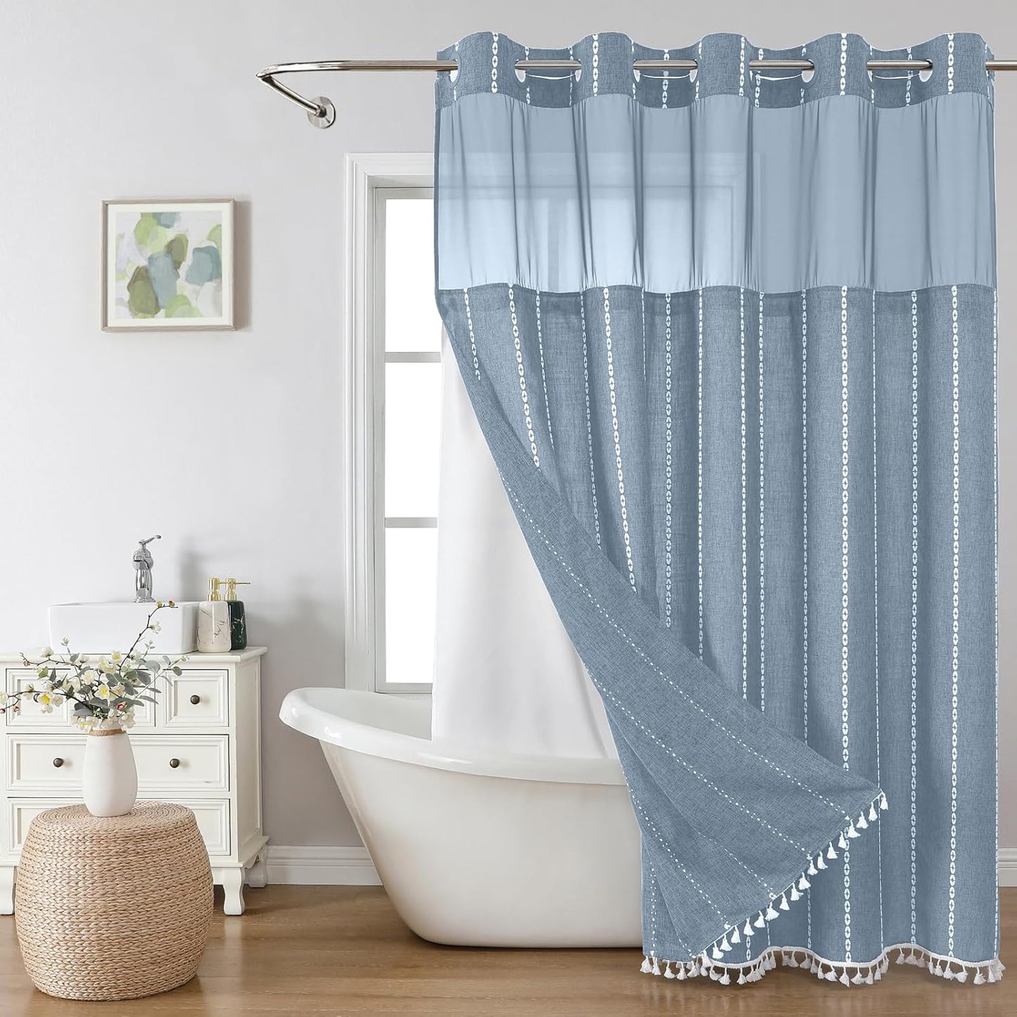Boho Farmhouse No Hook Shower Curtain Set with Snap-in Fabric Liner,Heavy-Duty Linen Textured Rustic Striped Design,Water-Repellent with Tassels and Sheer Window,Cream/Beige,71x74