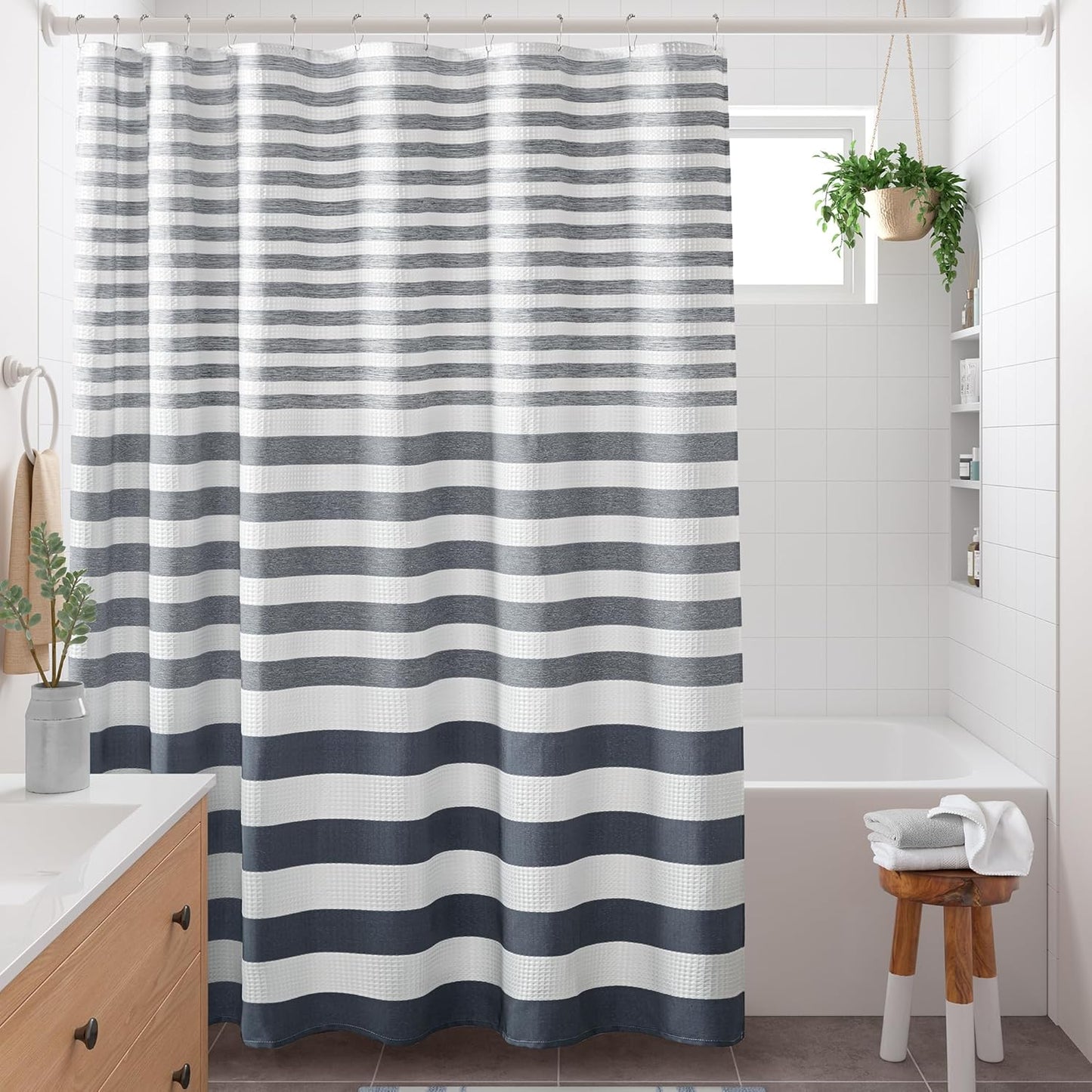 Madison Park Shower Curtain Waffle Weave Striped Pieced Design Fabric Shower Curtains for Bathroom with 3M Scotchgard Moisture Management Premium Spa Quality Modern Standard 72"x72" Grey