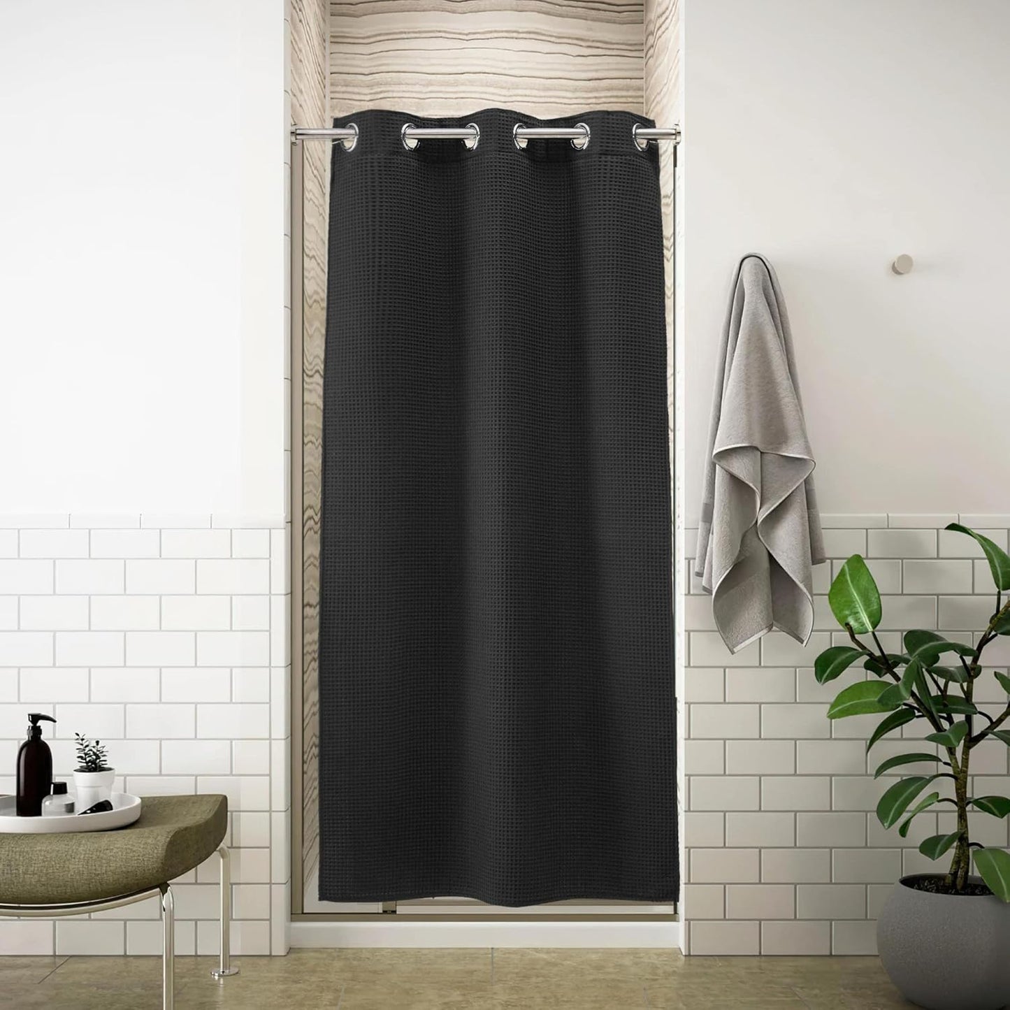 River Dream White Waffle Weave Shower Curtain with Snap-in Liner,Cotton Blend Fabric Heavy Duty,No Hooks Needed Shower Curtain for Bathroom,Hotel Quality Shower Curtain Set,71 x 74 inches