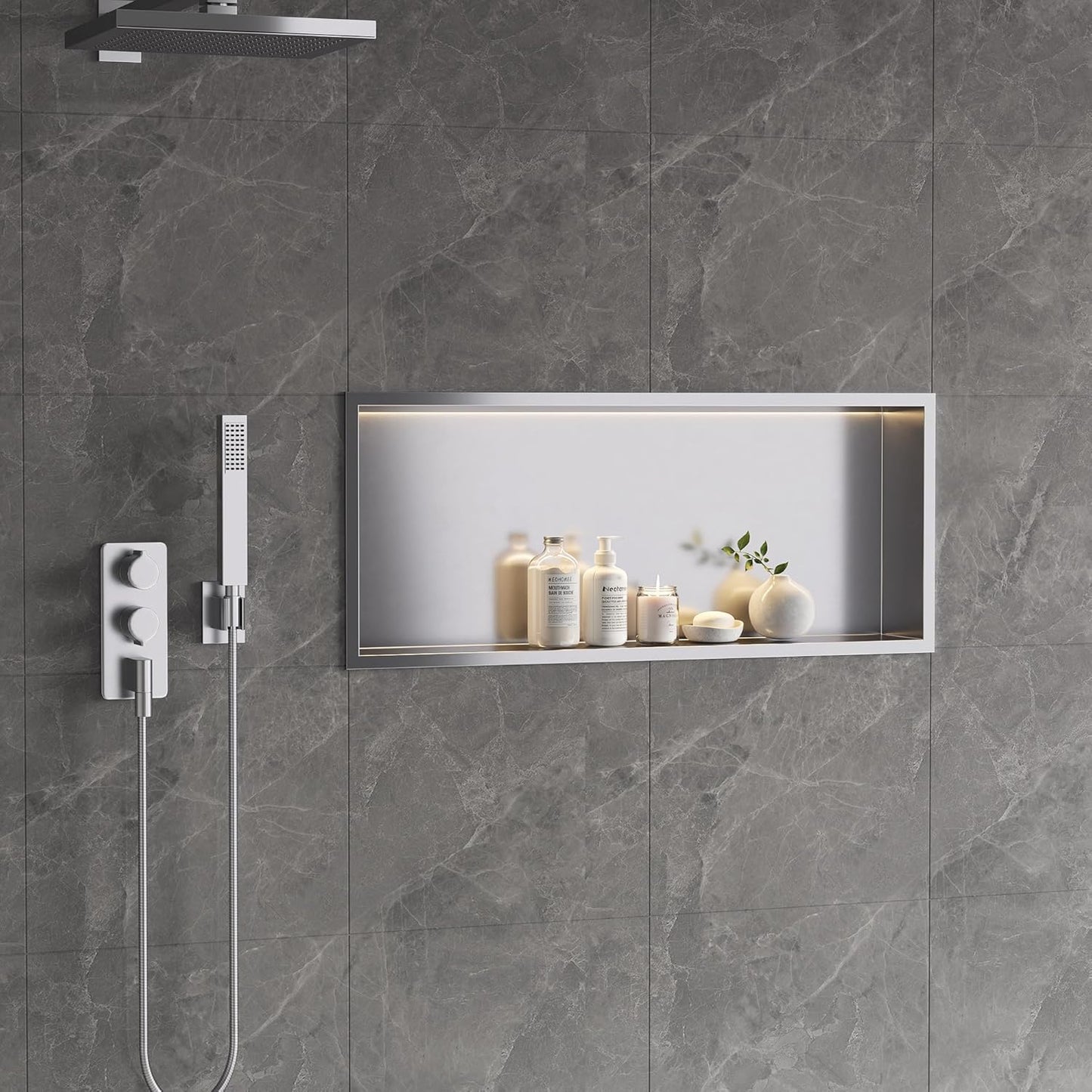 Neodrain Recessed LED Shower Niche, Brushed 30X12 in Waterproof Stainless Steel Wall Niche, 3000K LED Strip No Tile Needed Cabinet for Bathroom Storage