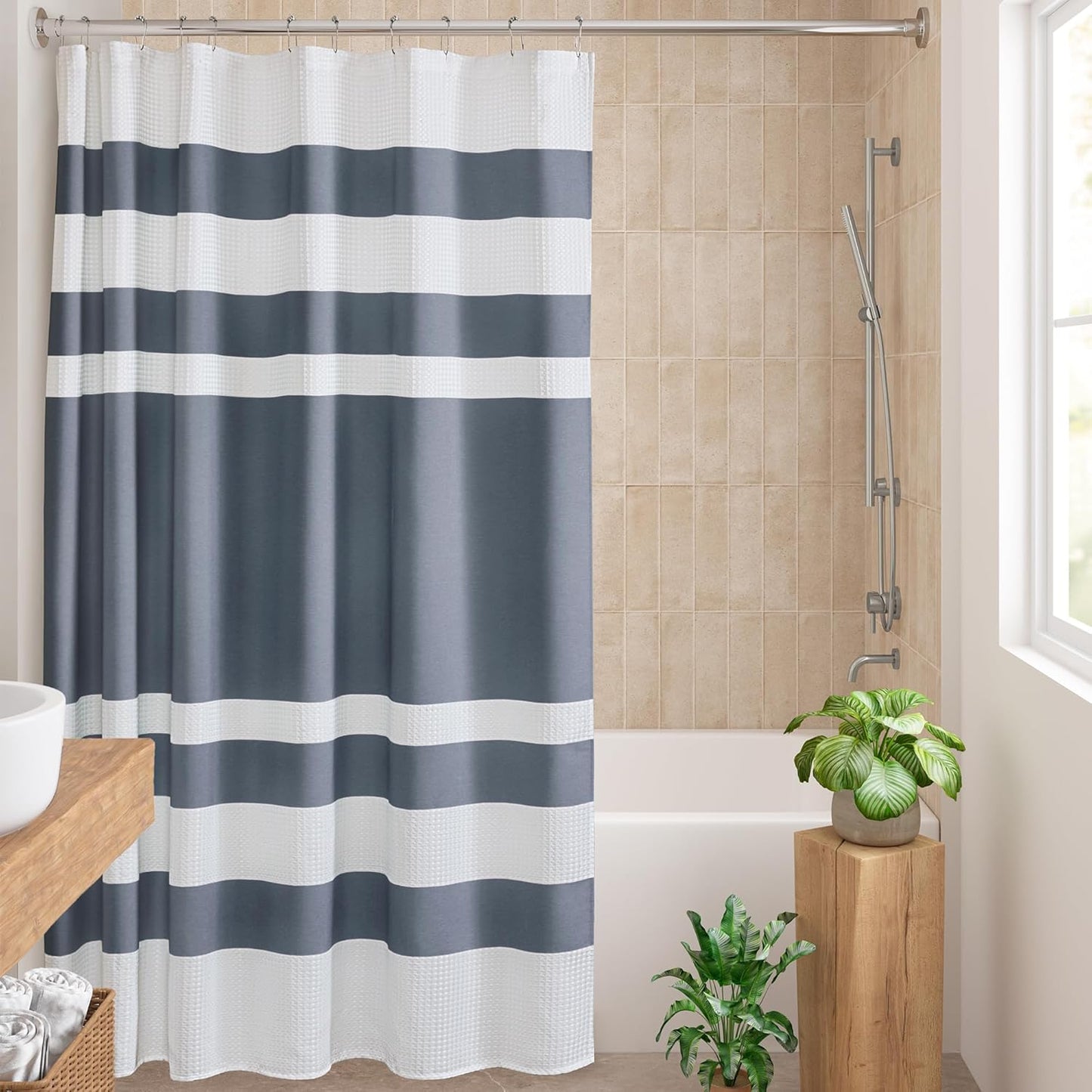 Madison Park Shower Curtain Waffle Weave Striped Pieced Design Fabric Shower Curtains for Bathroom with 3M Scotchgard Moisture Management Premium Spa Quality Modern Standard 72"x72" Grey
