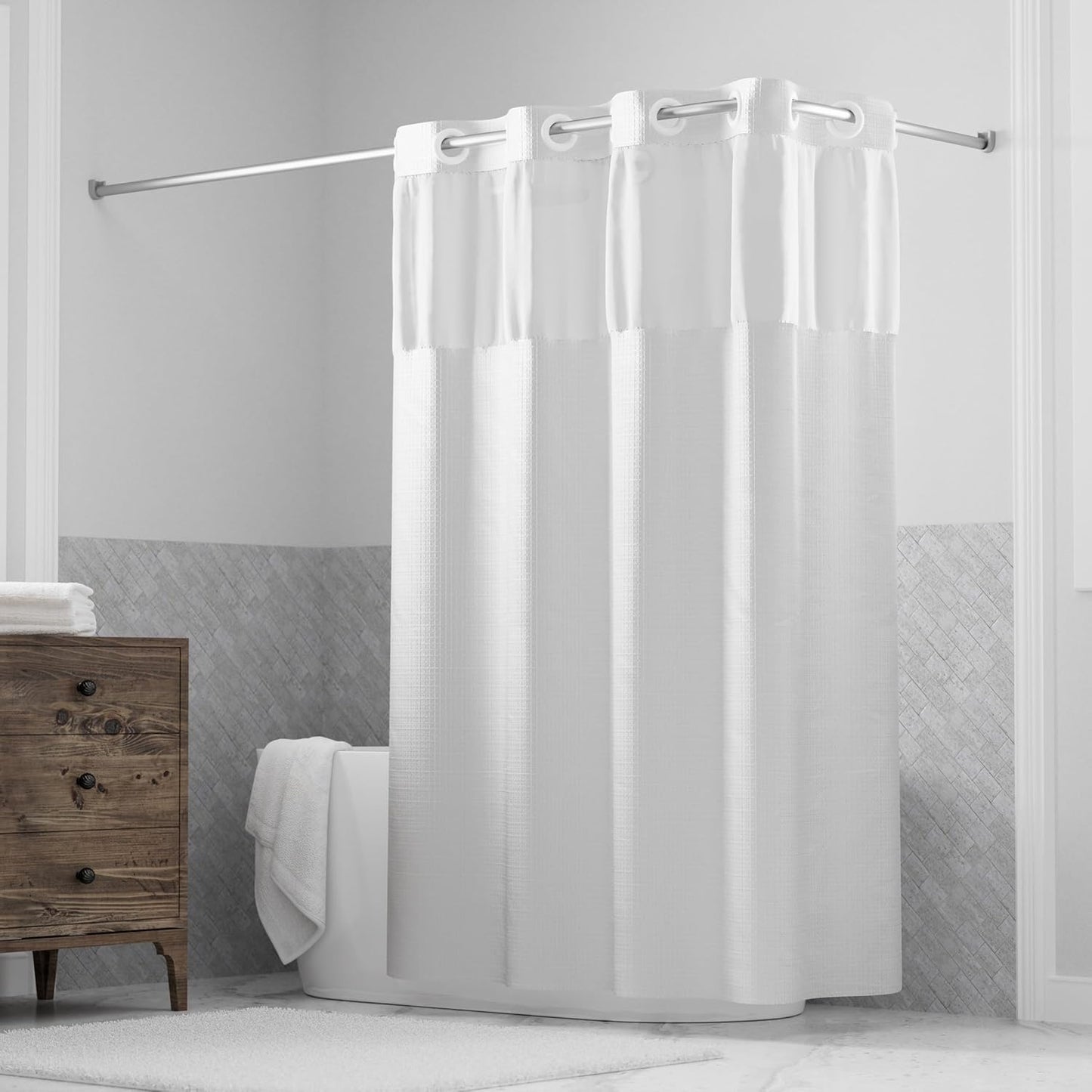 Hookless It’s A Snap! Waffle Shower Curtain, 3-in-1 Shower Curtain Includes Fabric Shower Curtain with Sheer Top Window, Flex-On Rings & Fabric Liner, 71” x 74”, Misty Blue