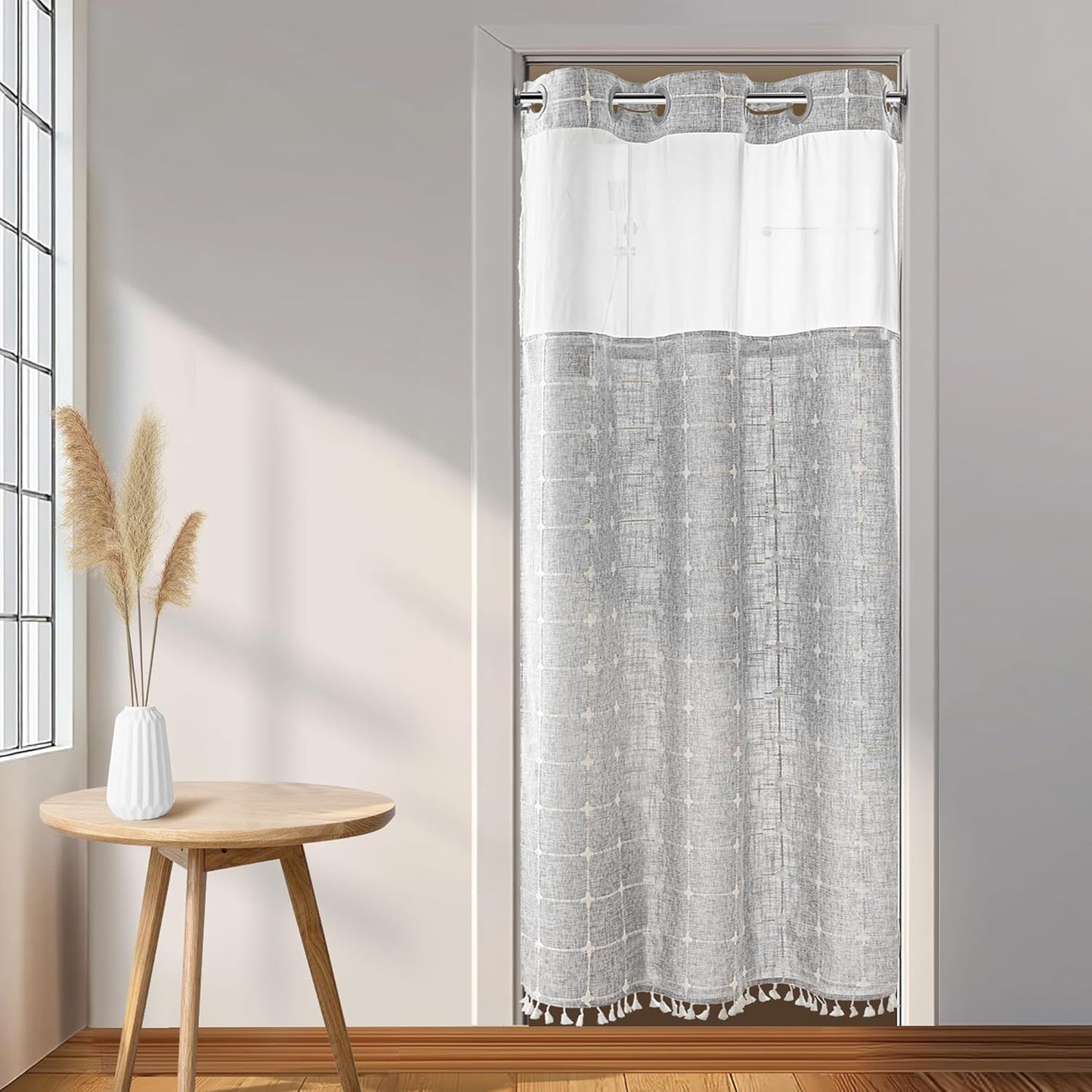 River Dream Farmhouse Linen Textured Shower Curtain with Snap-in Liner Set, No Hooks Needed, with Tassels for Rustic Bathroom Decor,with Window,with Magnets,Linen,71Wx74H