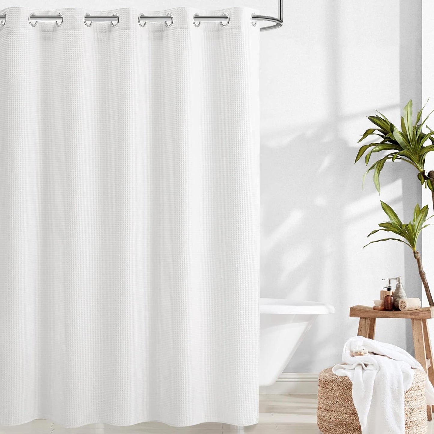 River Dream White Waffle Weave Shower Curtain with Snap-in Liner,Cotton Blend Fabric Heavy Duty,No Hooks Needed Shower Curtain for Bathroom,Hotel Quality Shower Curtain Set,71 x 74 inches
