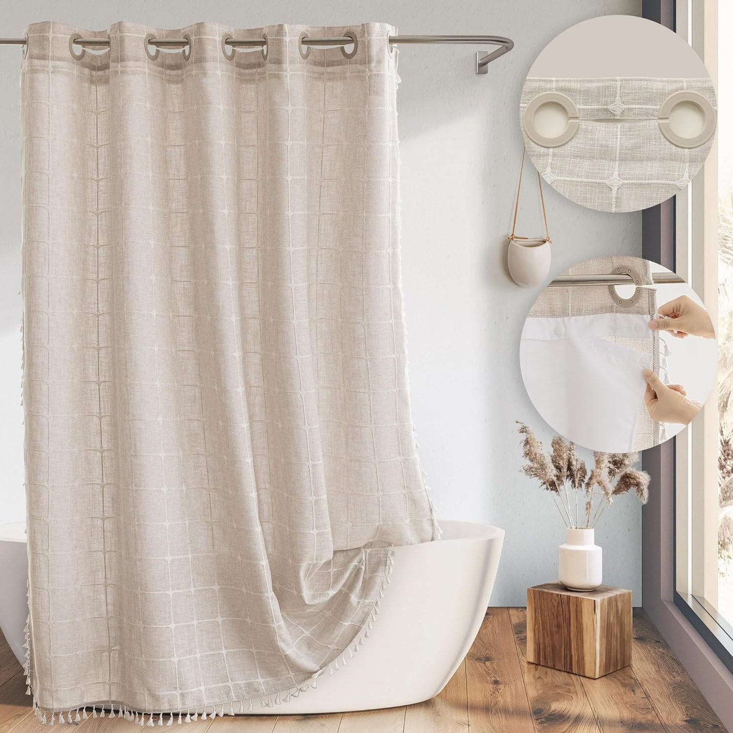 River Dream Farmhouse Linen Textured Shower Curtain with Snap-in Liner Set, No Hooks Needed, with Tassels for Rustic Bathroom Decor,with Window,with Magnets,Linen,71Wx74H
