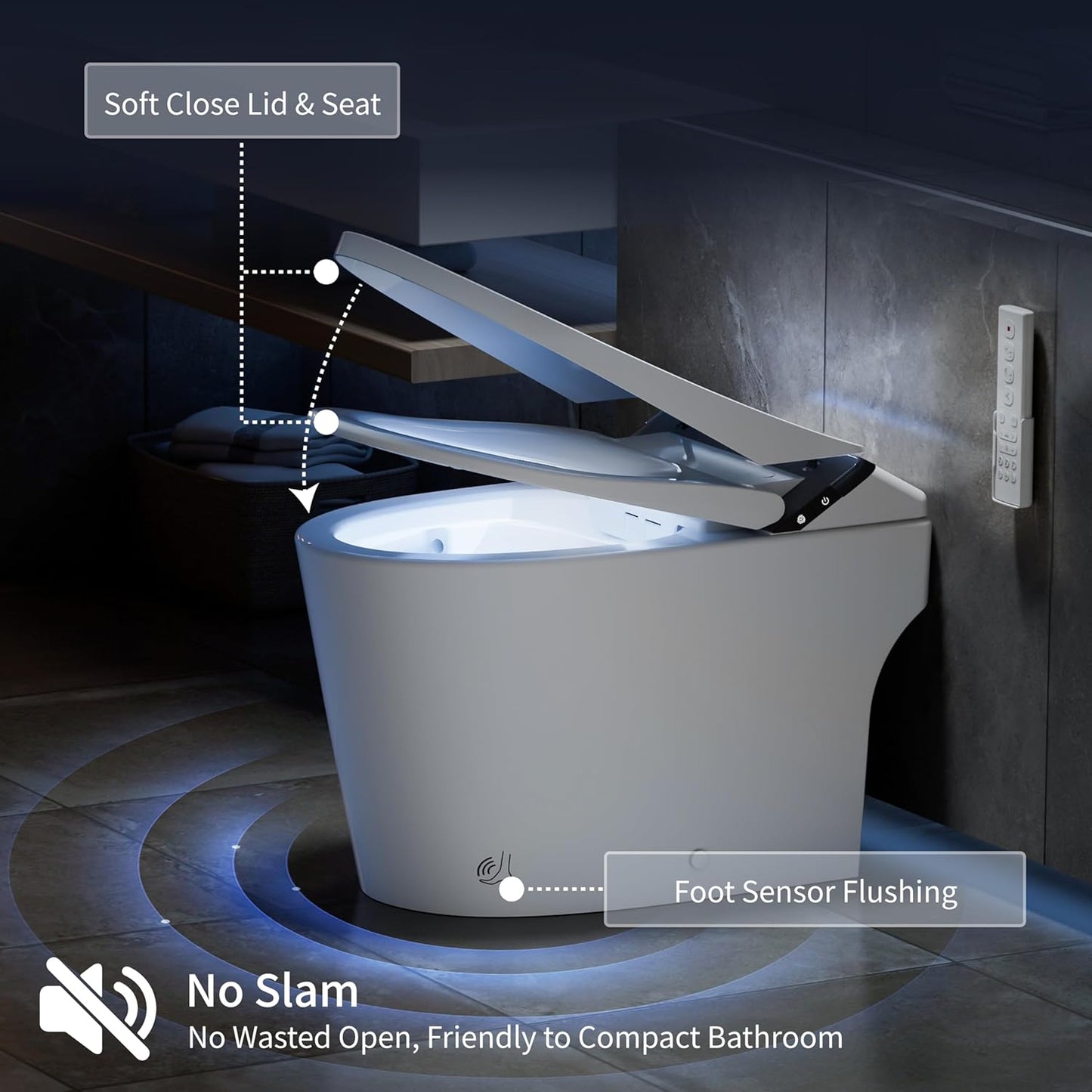 Smart Toilet with Bidet Built in, Toilets with Tank, Dual Auto Flush, Foot Sensor Flush, Heated Seat, Warm Water, Foam Dispenser, Elongated Bidets for Modern Bathroom, Remote, Night Light