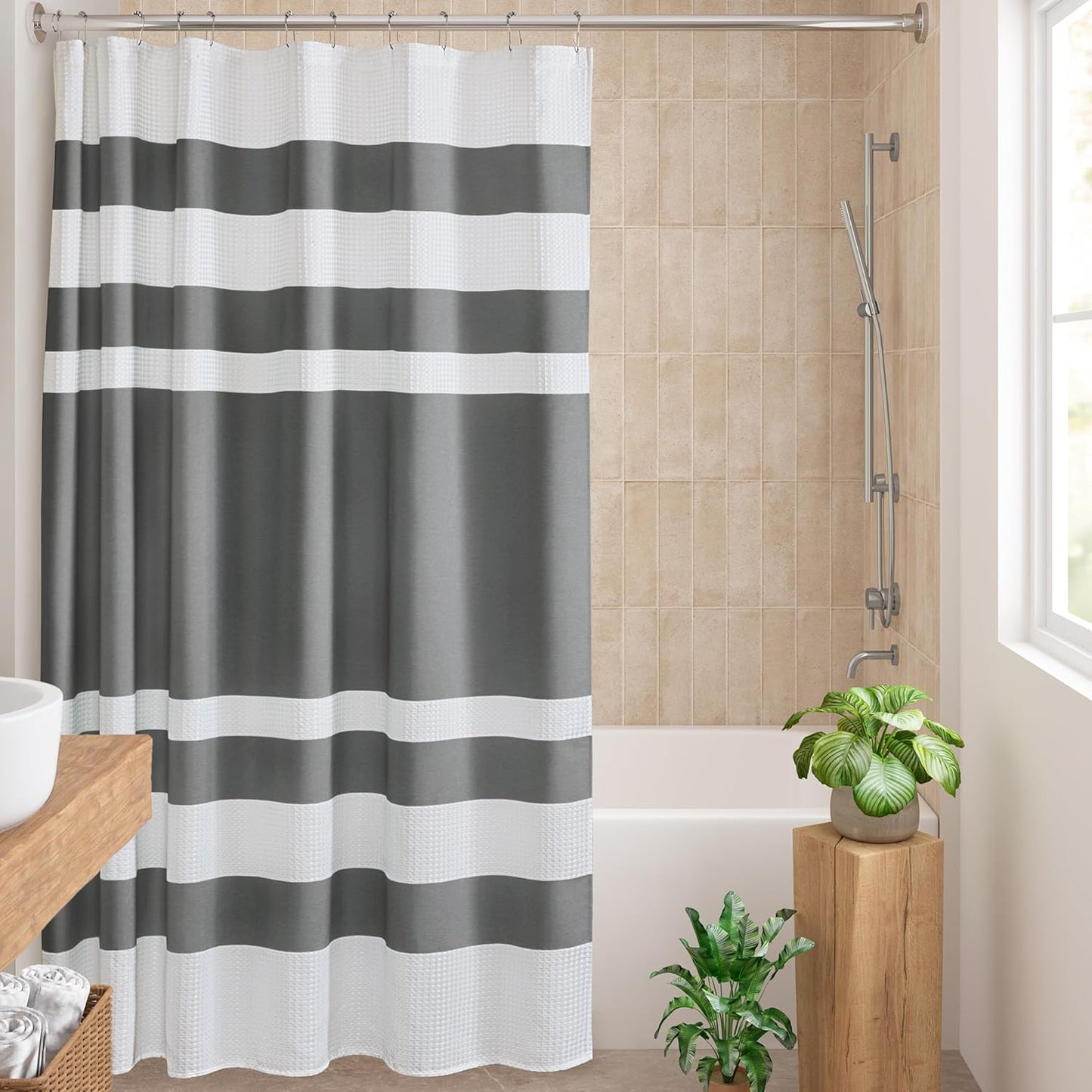 Madison Park Shower Curtain Waffle Weave Striped Pieced Design Fabric Shower Curtains for Bathroom with 3M Scotchgard Moisture Management Premium Spa Quality Modern Standard 72"x72" Grey