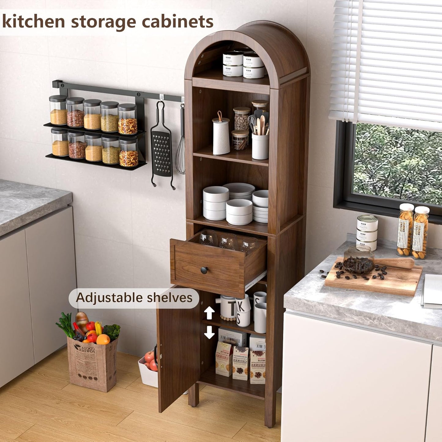 64" Tall Bathroom Storage Cabinet with Adjustable Shelves,Tall Narrow Arched Freestanding Tower Cabinet with Fluted Doors and Drawers,Space Saving Organizer for Bathroom Living Room (Walnut)