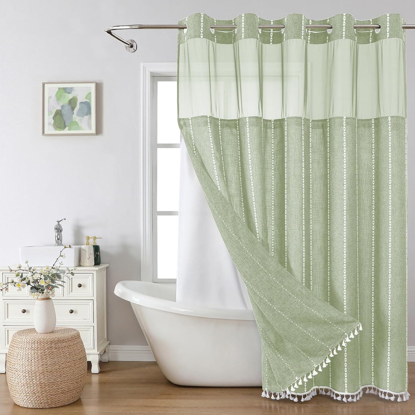 Boho Farmhouse No Hook Shower Curtain Set with Snap-in Fabric Liner,Heavy-Duty Linen Textured Rustic Striped Design,Water-Repellent with Tassels and Sheer Window,Cream/Beige,71x74