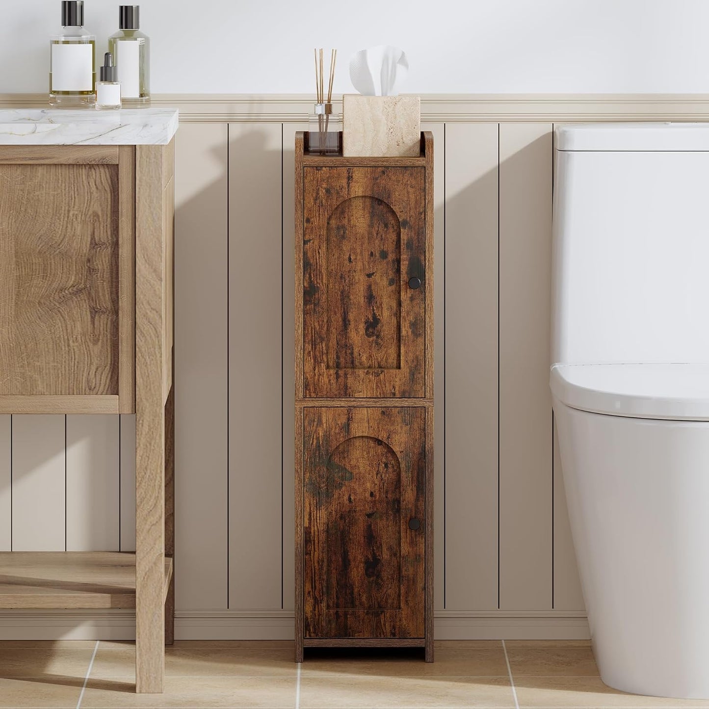 Bathroom Storage Cabinet, Corner Floor Cabinet with 2 Doors and Adjustable Shelf, Narrow Toilet Paper Cabinet, Bathroom Organizer for Small Spaces, White BC19913X