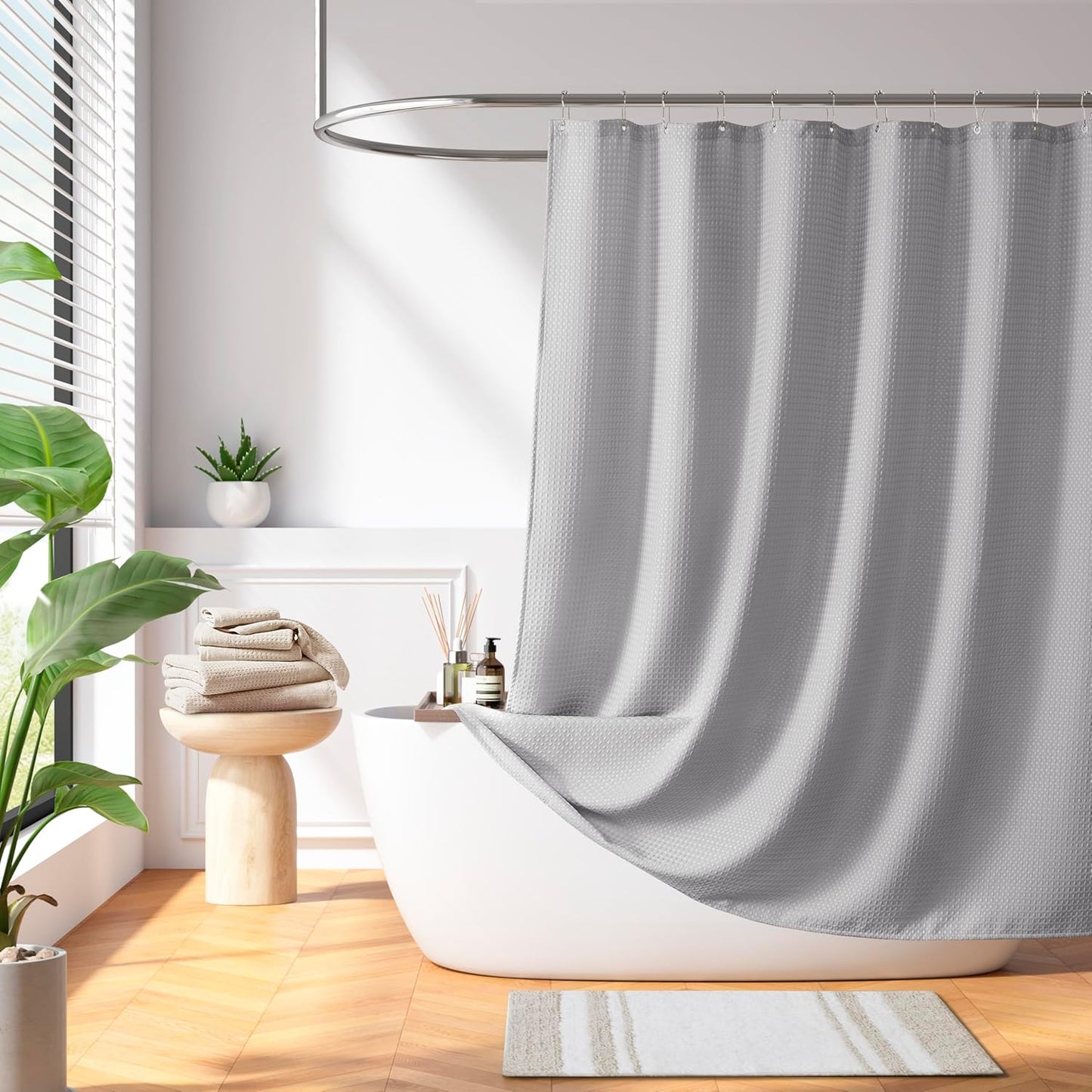 Madison Park Shower Curtain Waffle Weave Striped Pieced Design Fabric Shower Curtains for Bathroom with 3M Scotchgard Moisture Management Premium Spa Quality Modern Standard 72"x72" Grey