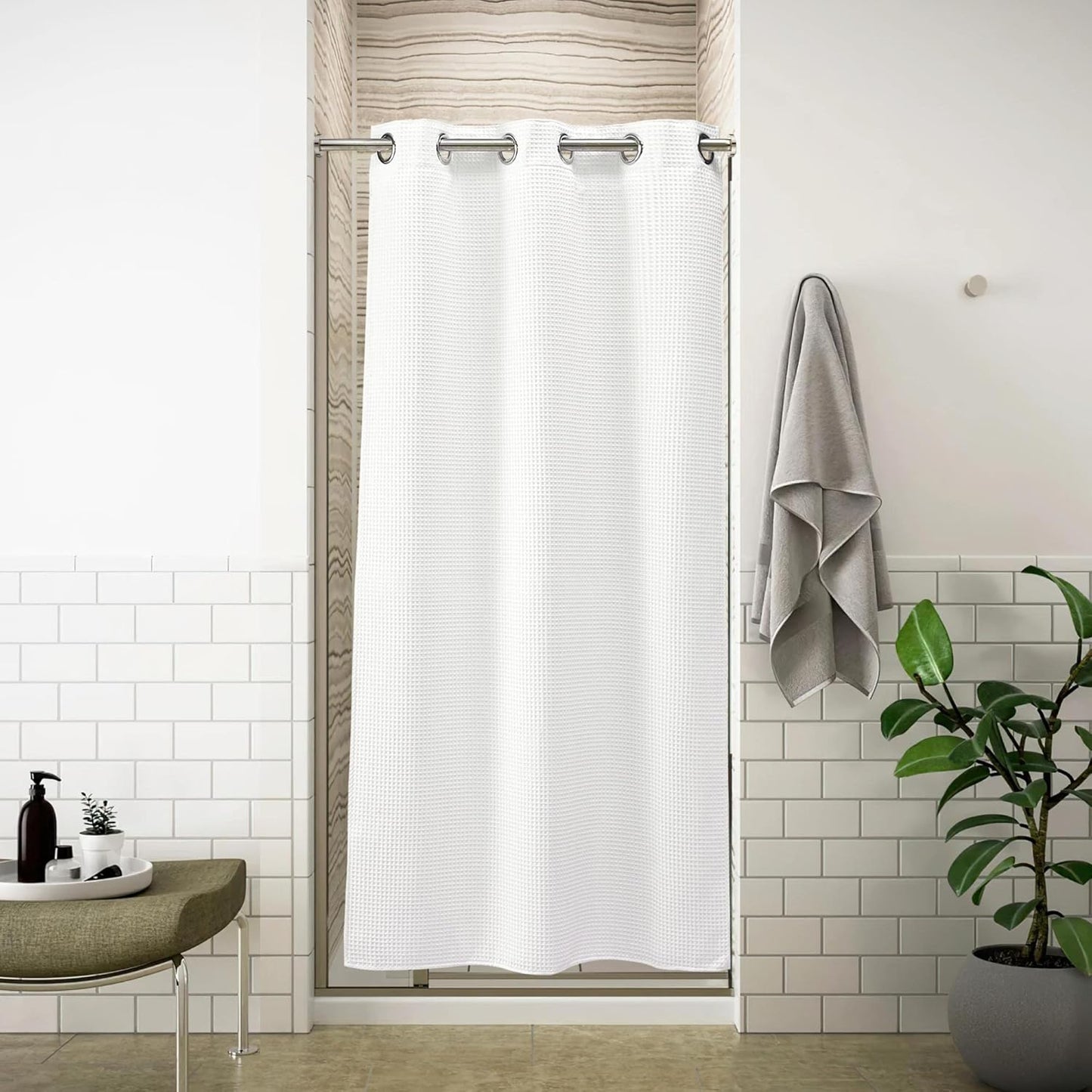 River Dream White Waffle Weave Shower Curtain with Snap-in Liner,Cotton Blend Fabric Heavy Duty,No Hooks Needed Shower Curtain for Bathroom,Hotel Quality Shower Curtain Set,71 x 74 inches