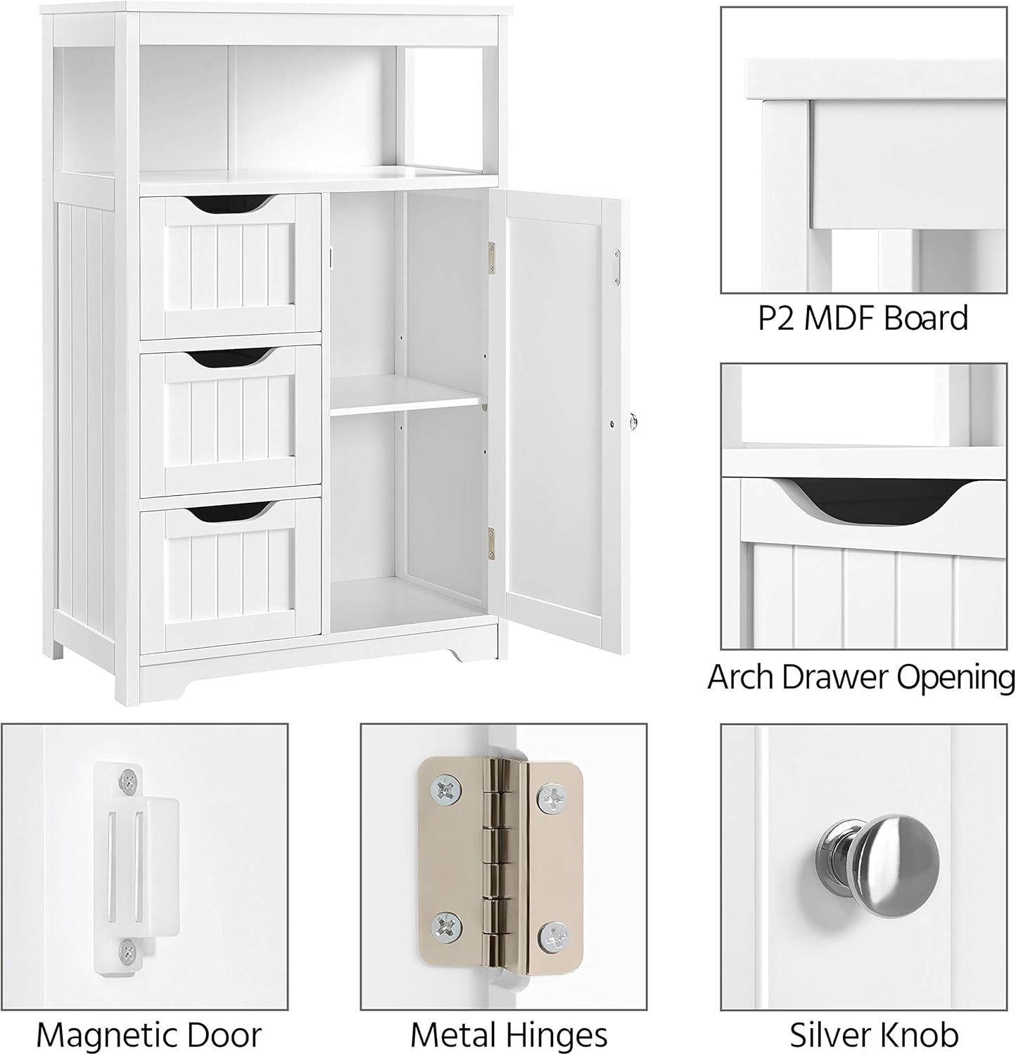 Yaheetech Bathroom Floor Cabinet Wooden Storage Organizer with 1 Door and 3 Drawers, Free-Standing Cupboard for Kitchen/Living Room/Bathroom Use, White