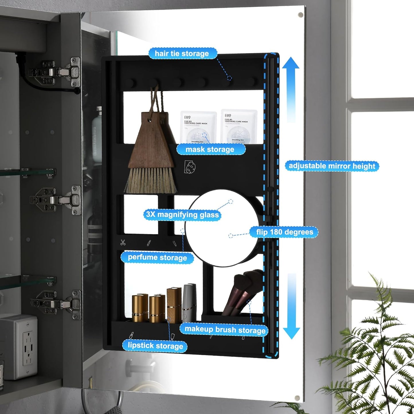 Medicine Cabinet Mirror, 40 x 30 Inch Bathroom Cabinet Wall Mounted, Stepless Dimming 3 Colors LED Lights, Outlets & USBs, Surface or Recessed Medicine Cabinet for Bathroom Anti-Fog