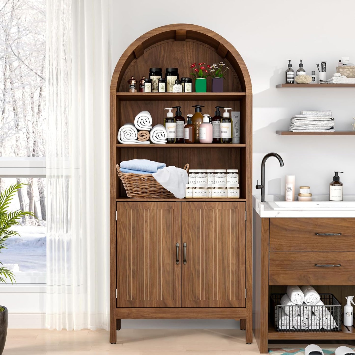 64" Tall Bathroom Storage Cabinet with Adjustable Shelves,Tall Narrow Arched Freestanding Tower Cabinet with Fluted Doors and Drawers,Space Saving Organizer for Bathroom Living Room (Walnut)