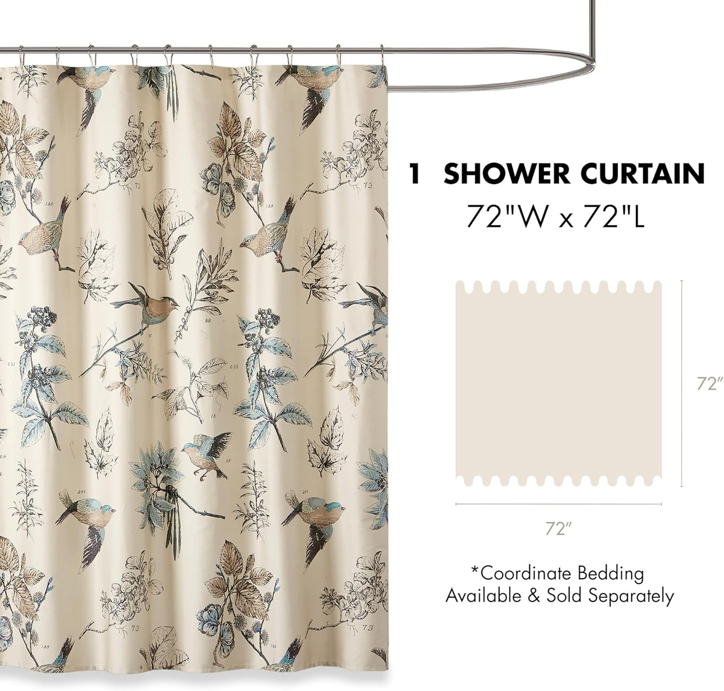 Madison Park Shower Curtain, Bird & Leaf Print, Farmhouse Shower Curtain for Bathroom, Modern Country Bathroom Décor, Machine Washable, Cotton Shower Curtain, Quincy, 72x72" Khaki