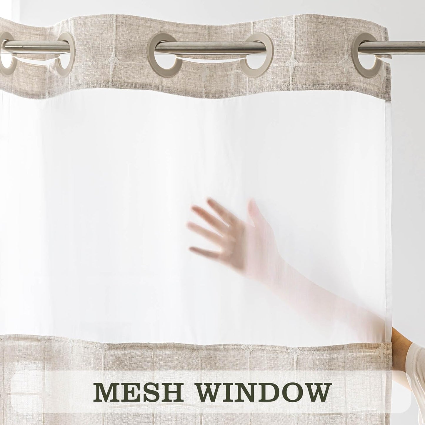 River Dream Farmhouse Linen Textured Shower Curtain with Snap-in Liner Set, No Hooks Needed, with Tassels for Rustic Bathroom Decor,with Window,with Magnets,Linen,71Wx74H