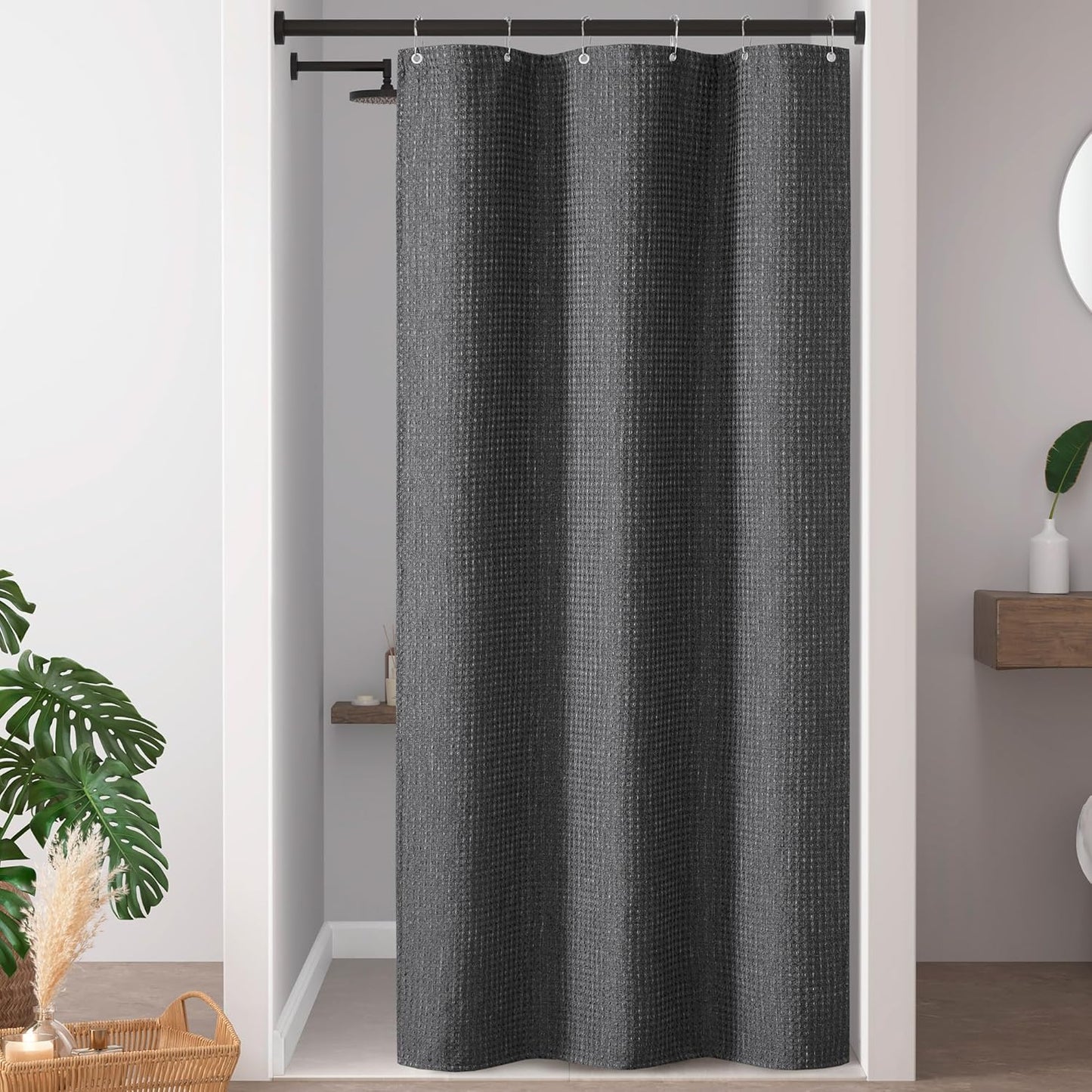 Madison Park Shower Curtain Waffle Weave Striped Pieced Design Fabric Shower Curtains for Bathroom with 3M Scotchgard Moisture Management Premium Spa Quality Modern Standard 72"x72" Grey