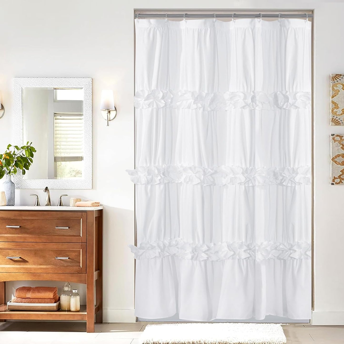 Victorian Ruffle Shower Curtain, Vintage Handcrafted Bow Tie Bath Curtain for Master Bathroom, Ruched Microfiber Bathroom Curtain with 12 Buttonholes, 72" W x 84" H, White (LQ-10)