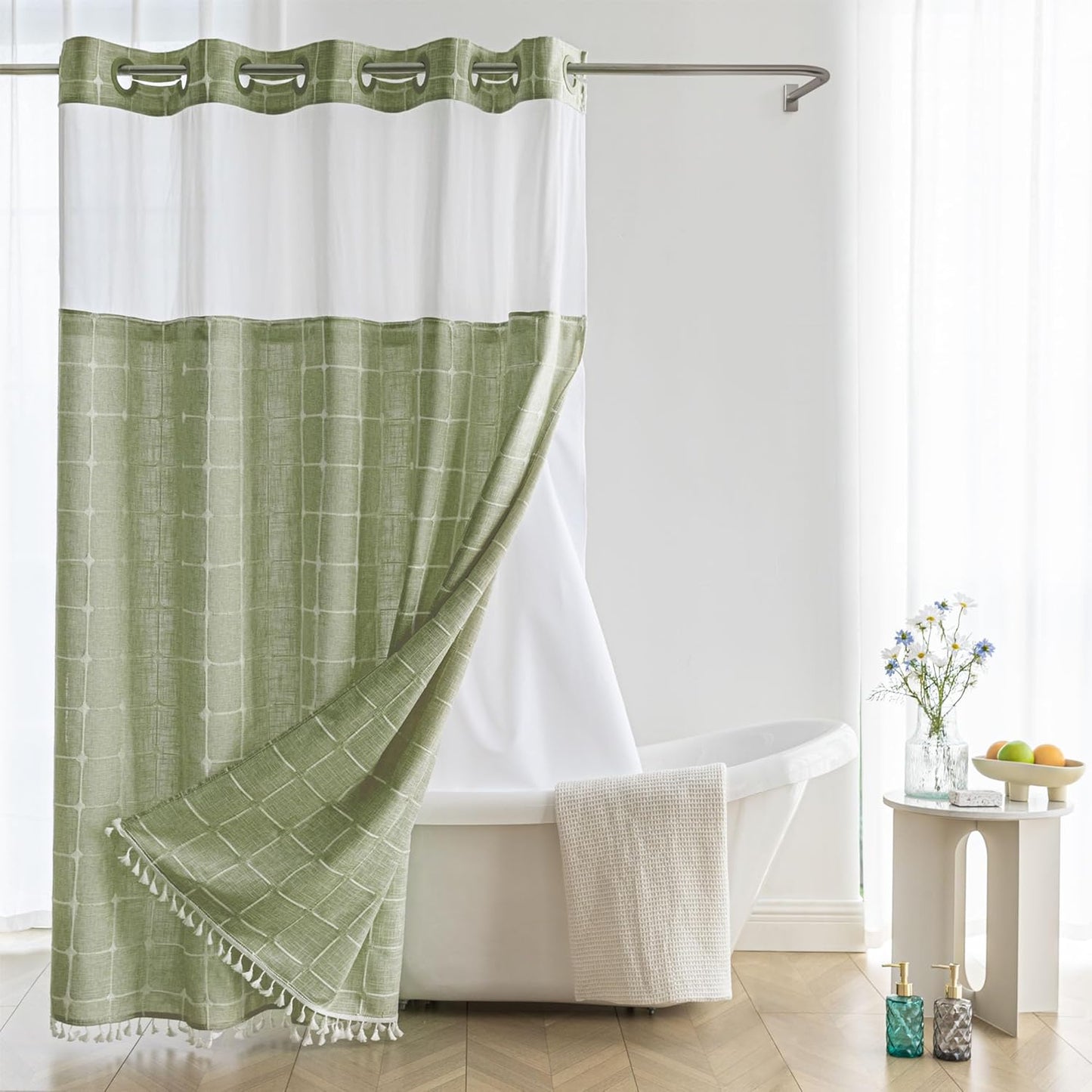 River Dream Farmhouse Linen Textured Shower Curtain with Snap-in Liner Set, No Hooks Needed, with Tassels for Rustic Bathroom Decor,with Window,with Magnets,Linen,71Wx74H